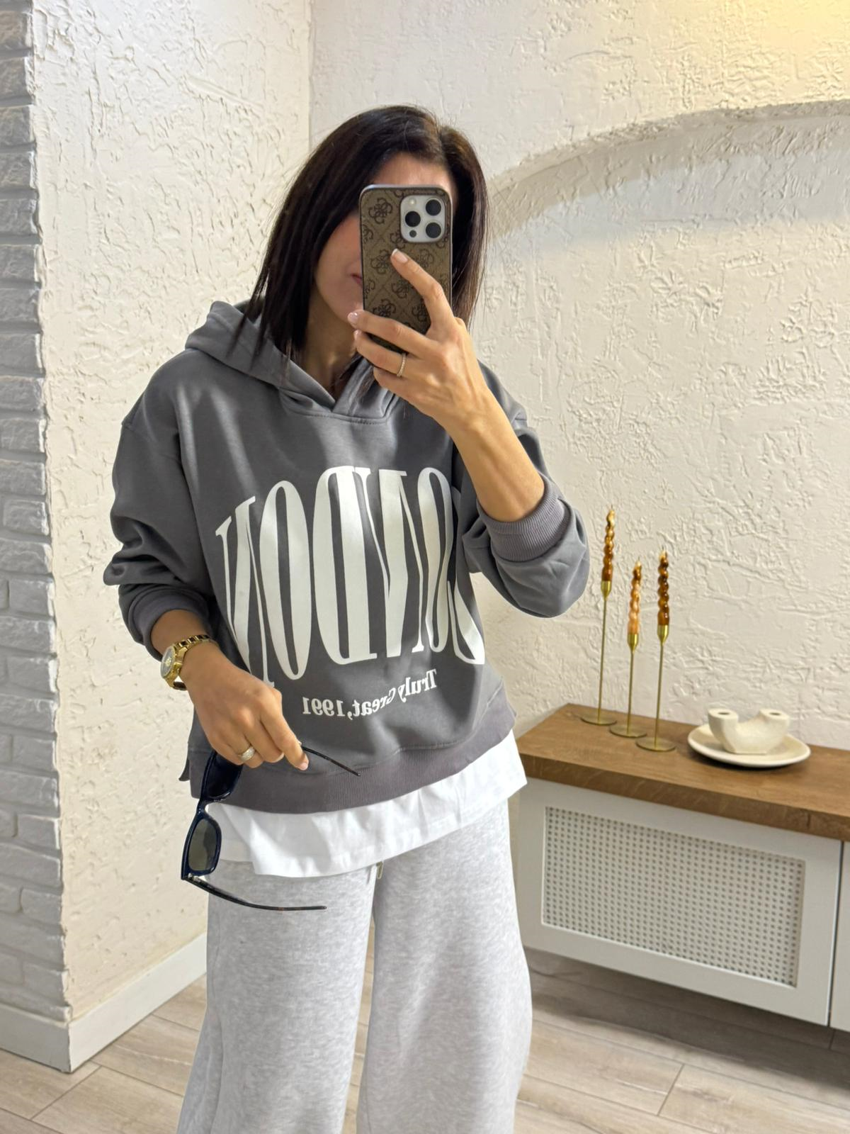 Ön Yazılı İç Şardonlu Kapüşonlu Tişört Detaylı Sweat Füme