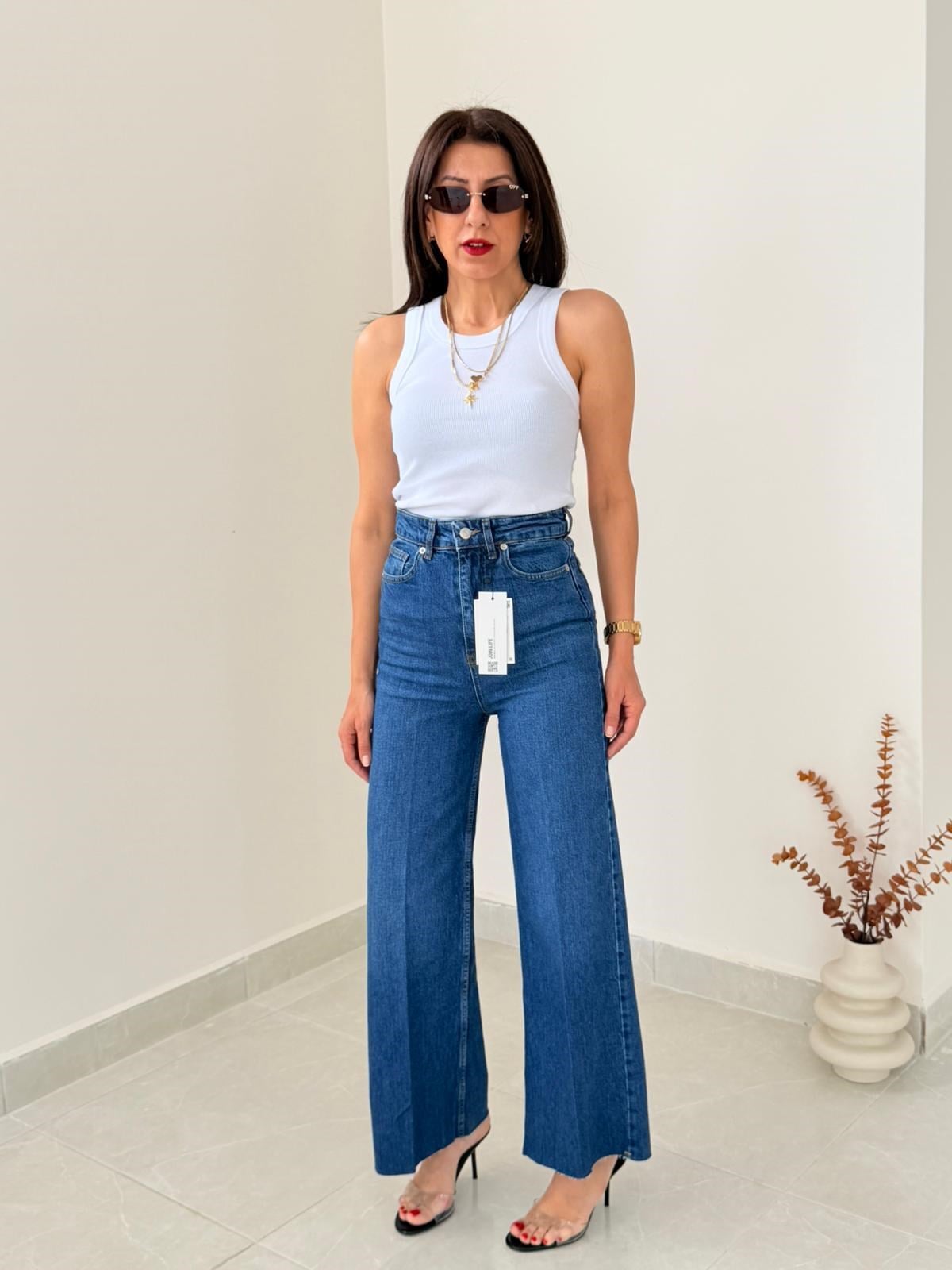 Önden Ütülü Paça Kesik Wide Leg Jean Koyu Mavi 