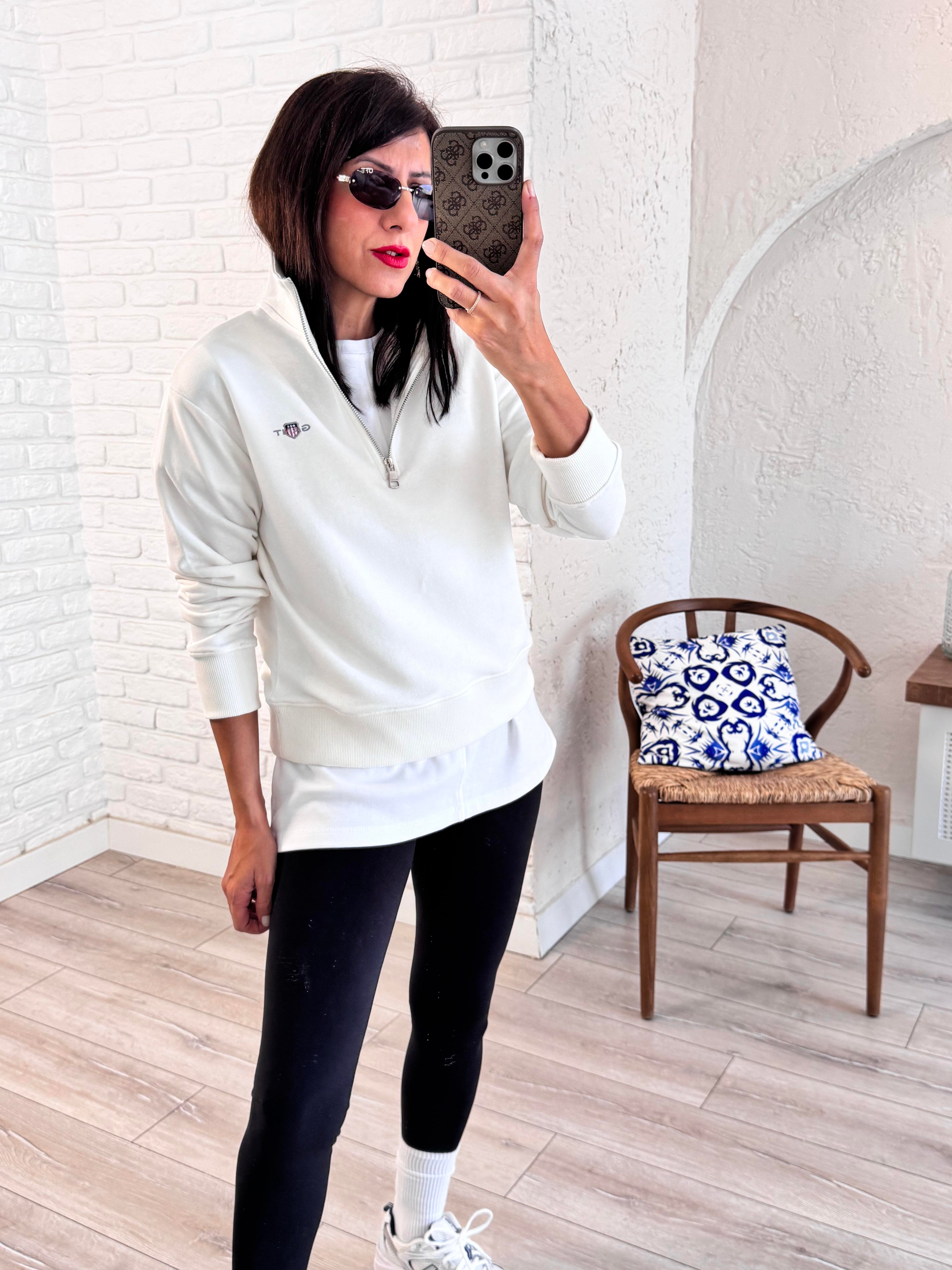 Orj. Marka Yarım Fermuarlı Sweat Beyaz