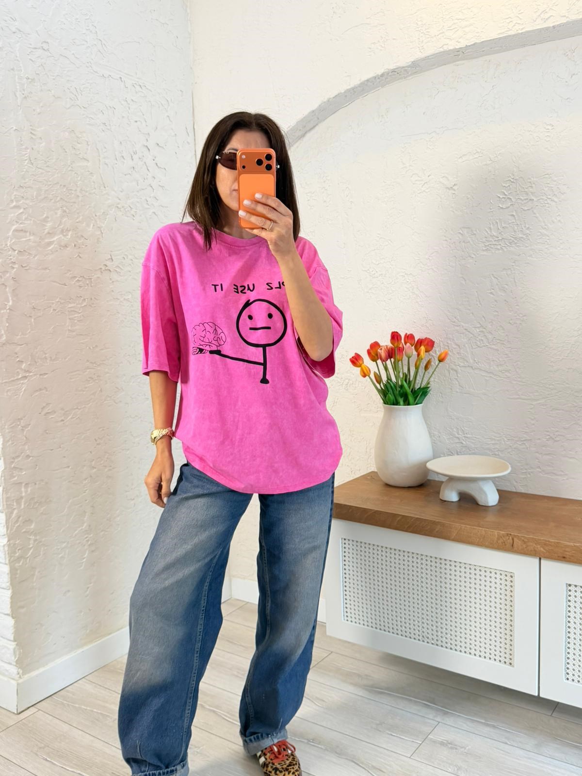 Plz Use It Baskılı Oversıze Tişört Eskitme Pembe