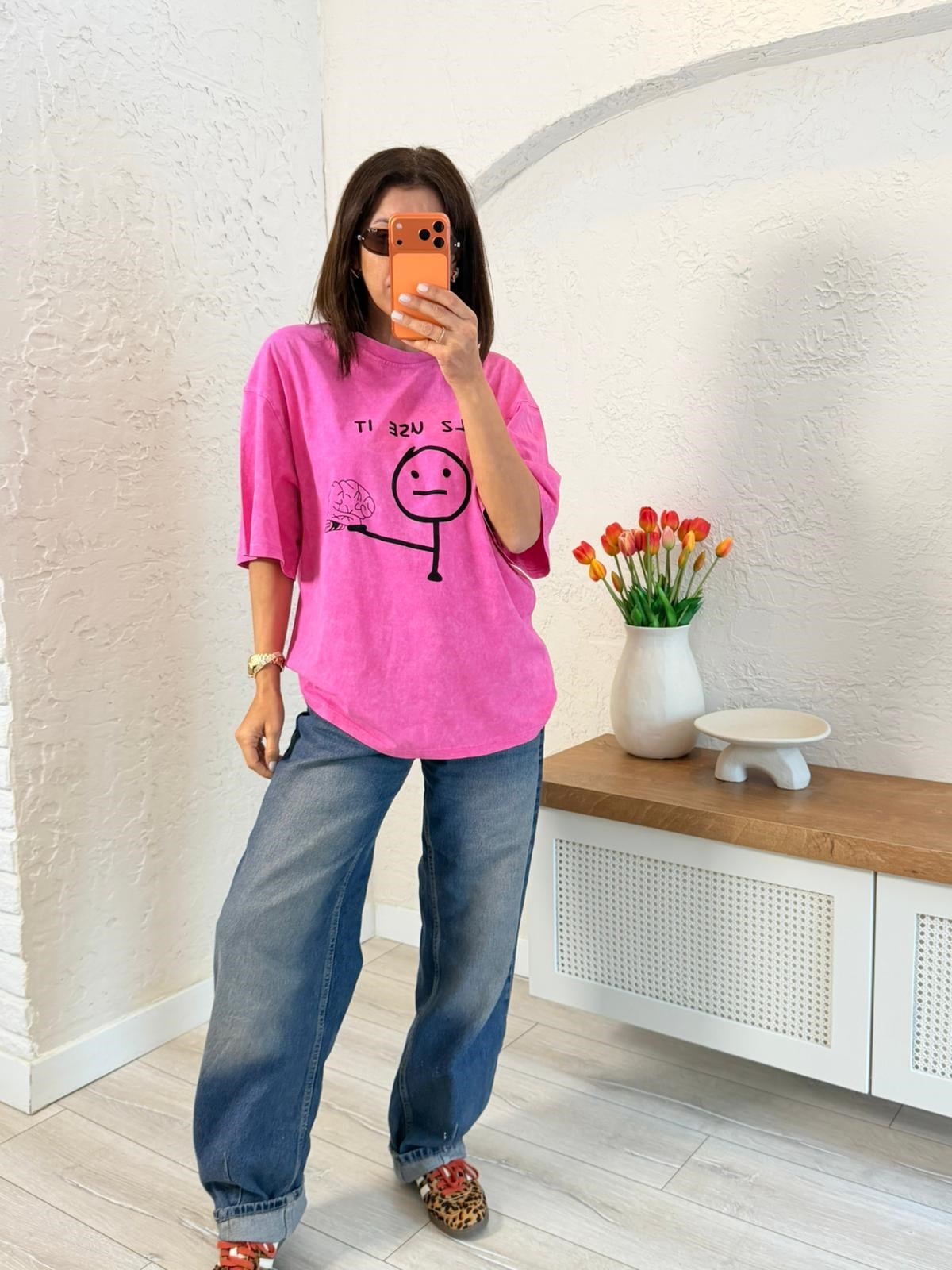 Plz Use It Baskılı Oversıze Tişört Eskitme Pembe