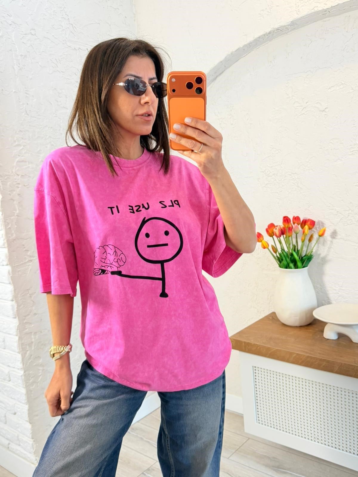 Plz Use It Baskılı Oversıze Tişört Eskitme Pembe