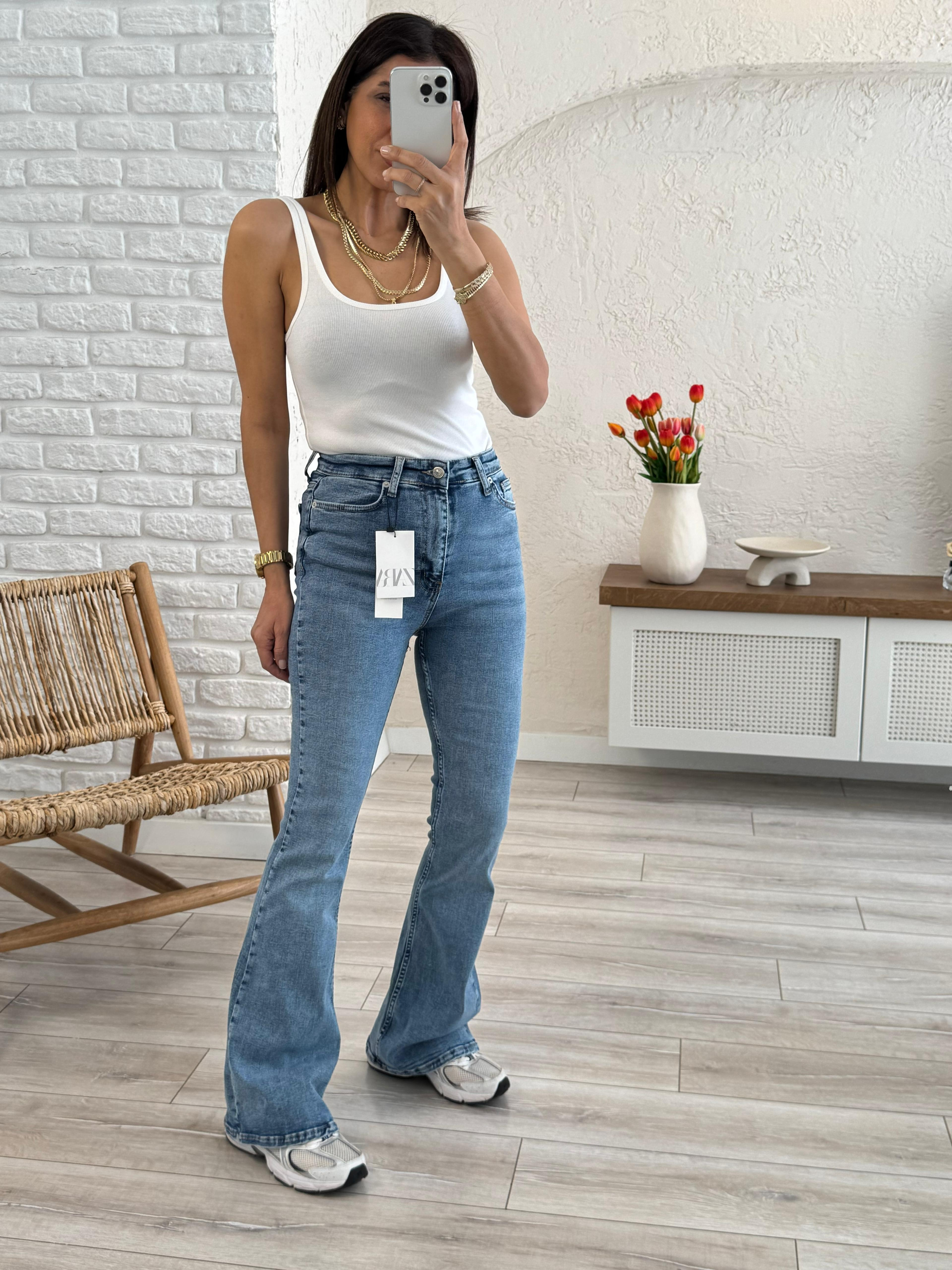 Premium Kalite Yüksek Bel İspanyol Paça Jean Mavi