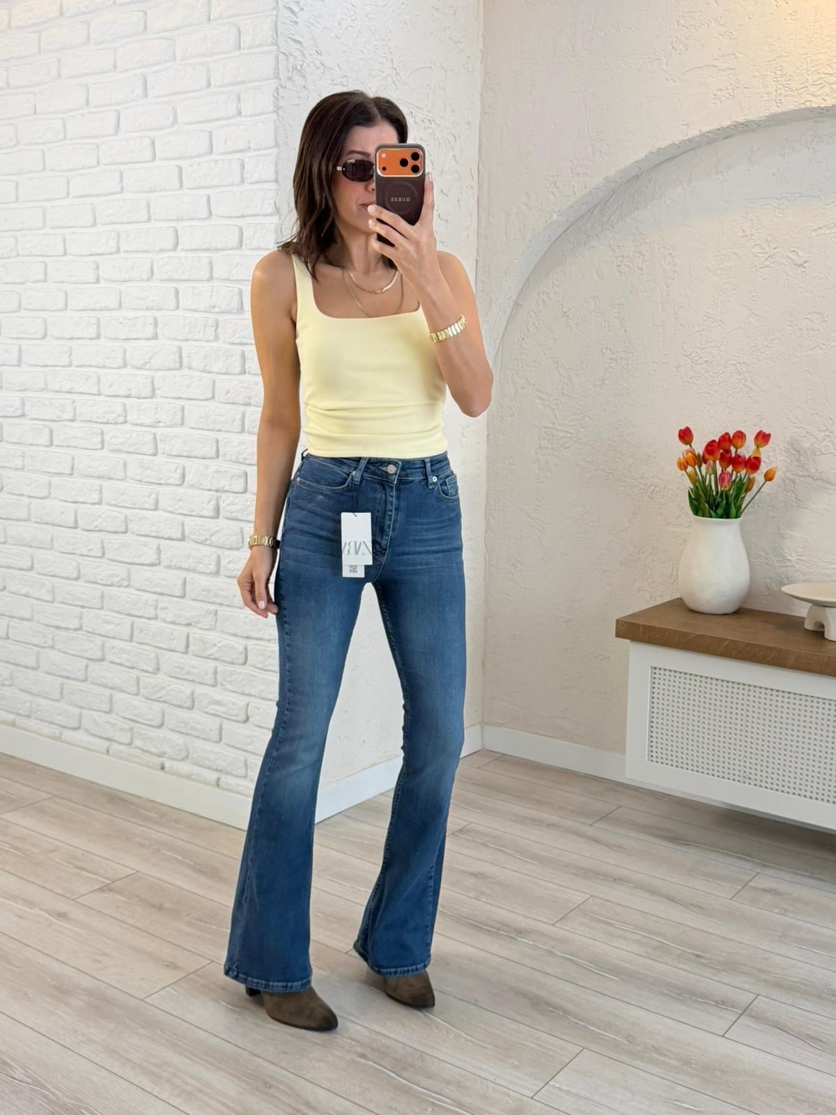 Premium Kalite Yüksek Bel İspanyol Paça Jean Vintage