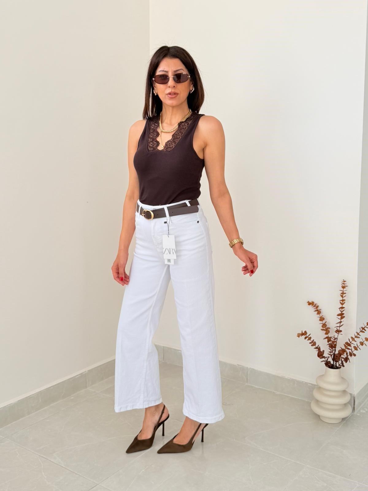 Premium Kalite Yüksek Bel Kemerli Wide Leg Jean Beyaz