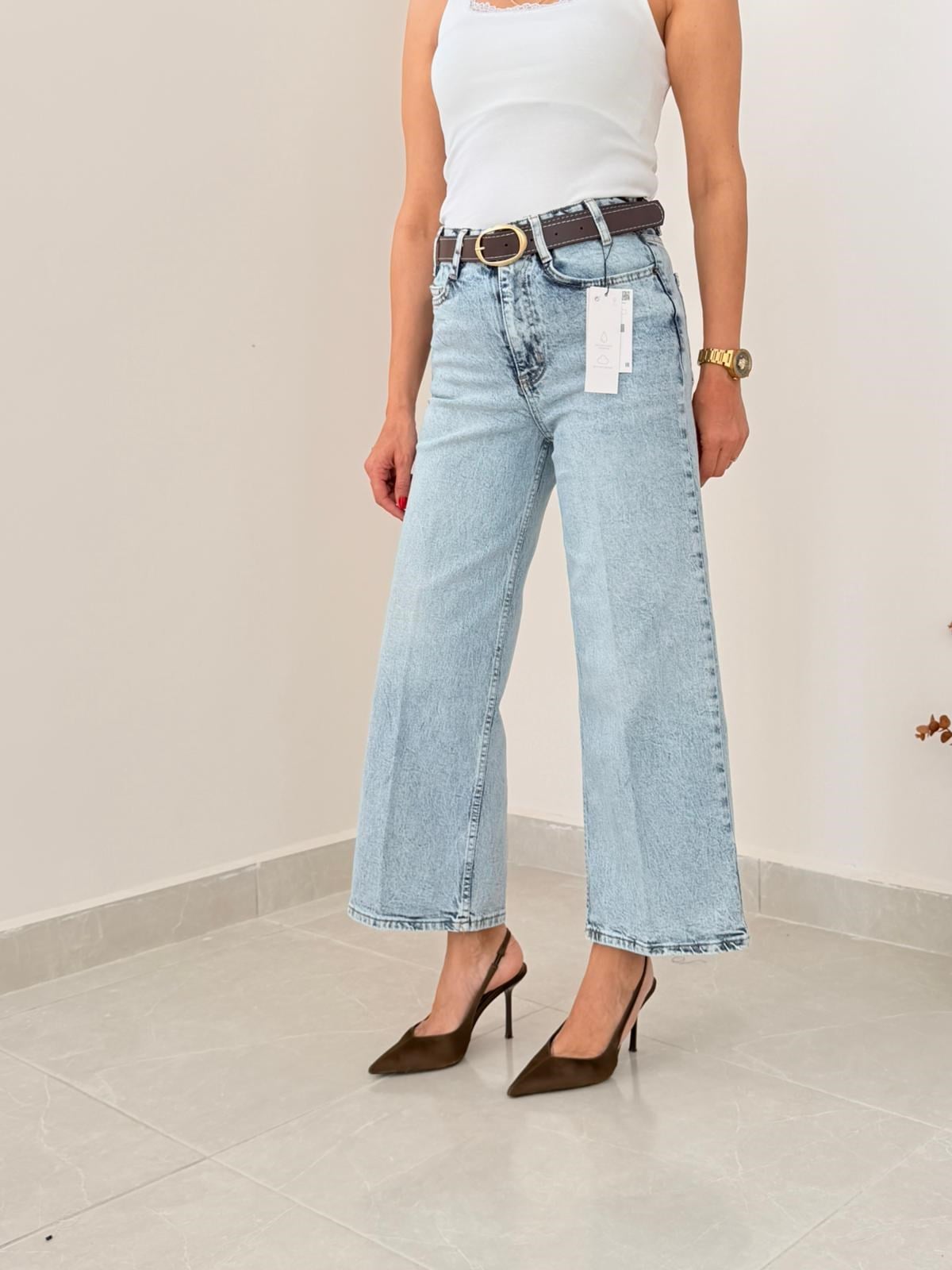 Premium Kalite Yüksek Bel Kemerli Wide Leg Jean Buz Mavi