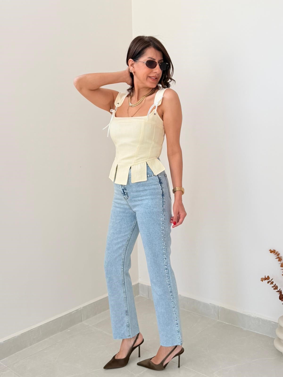 Premium Kalite Yüksek Bel Zımbalı Boyfit Jean Buz Mavi