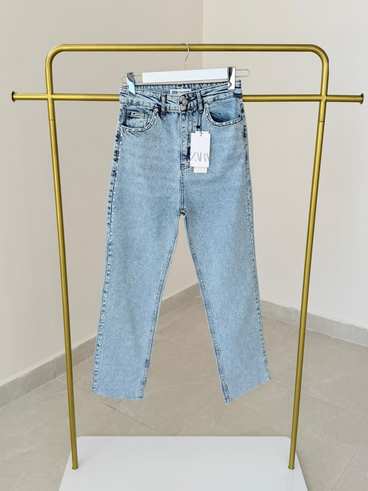 Premium Kalite Yüksek Bel Zımbalı Boyfit Jean Buz Mavi