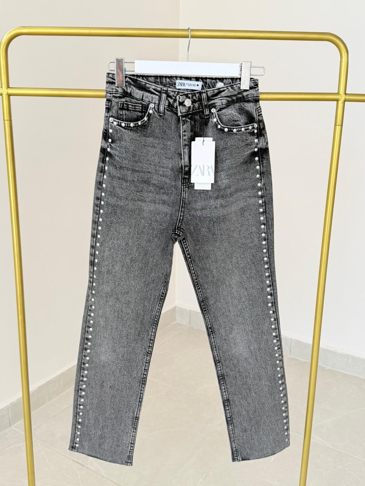 Premium Kalite Yüksek Bel Zımbalı Boyfit Jean Koyu Gri