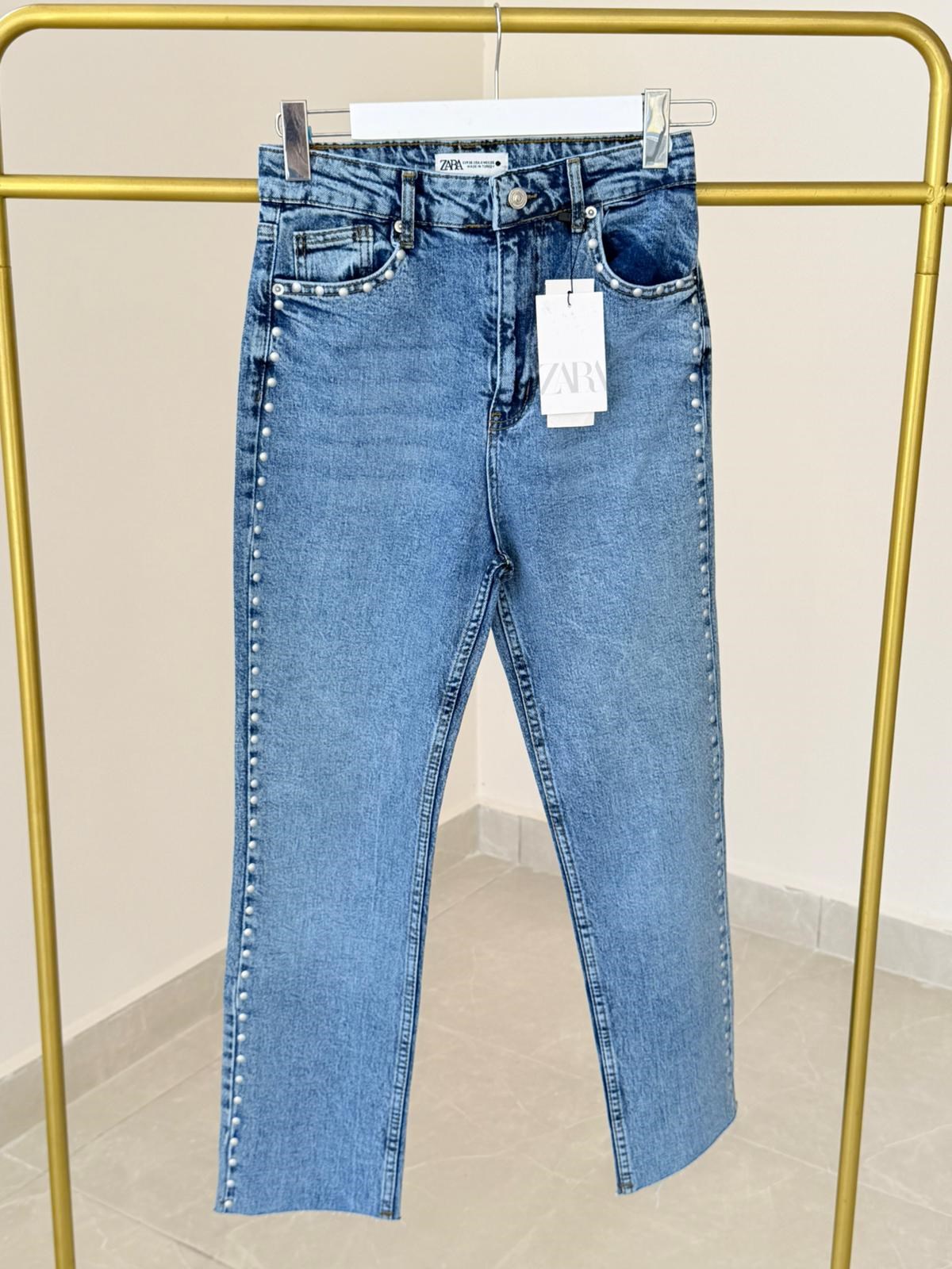Premium Kalite Yüksek Bel Zımbalı Boyfit Jean Mavi