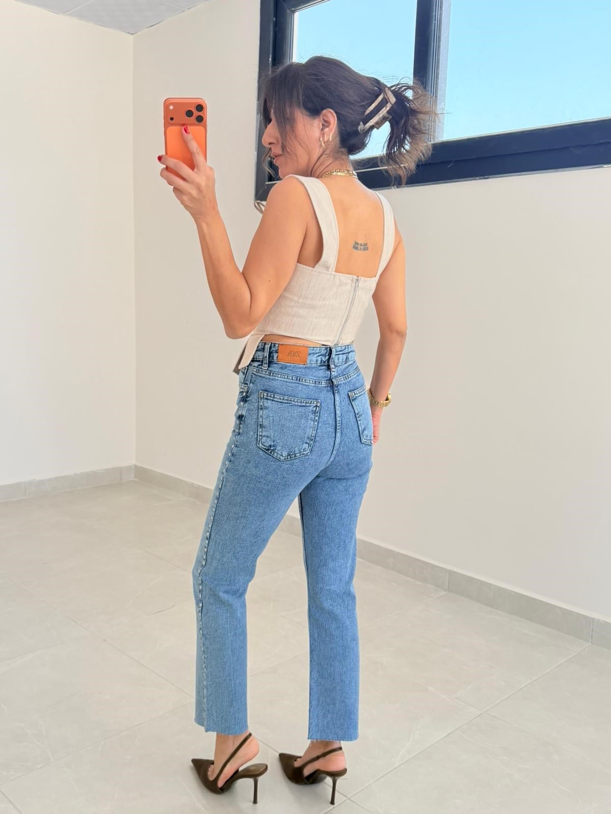 Premium Kalite Yüksek Bel Zımbalı Boyfit Jean Mavi