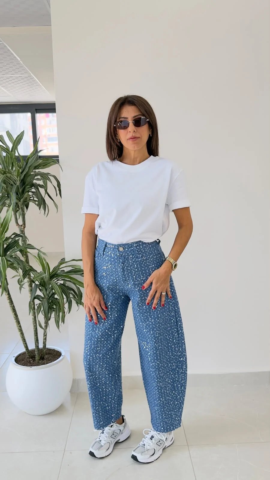 Premium Pullu Balon Jean Koyu Mavi