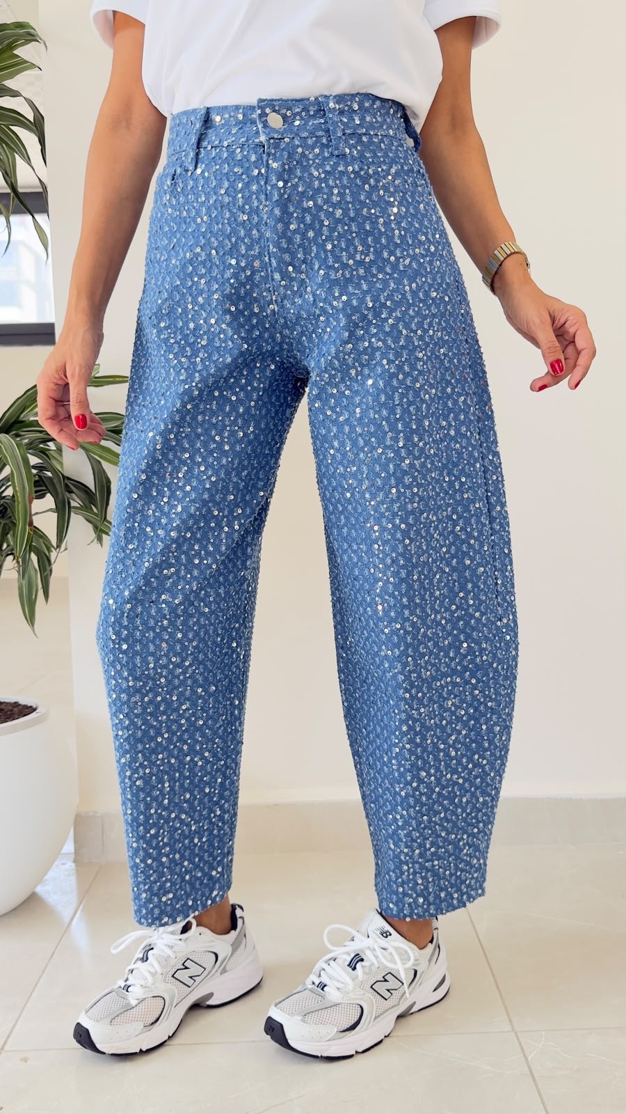 Premium Pullu Balon Jean Koyu Mavi