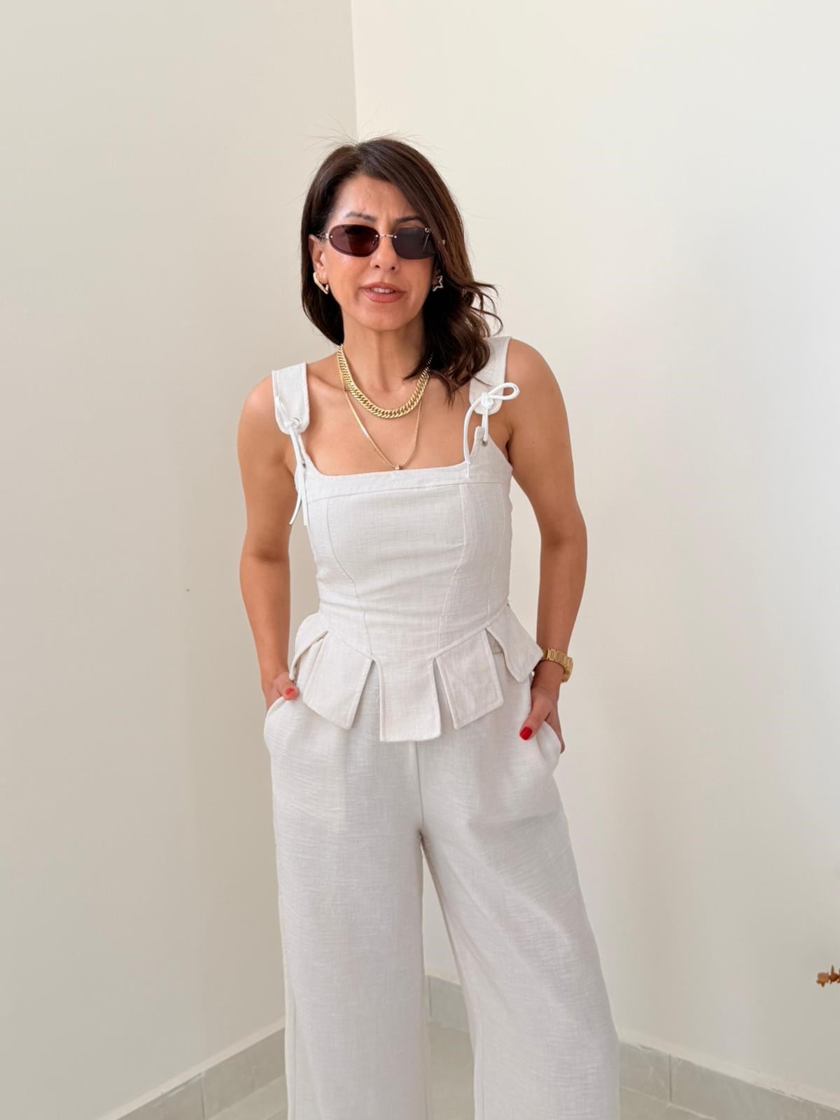 Premium Seri Tasarım Korse Bluz Pantolon Takım Bej