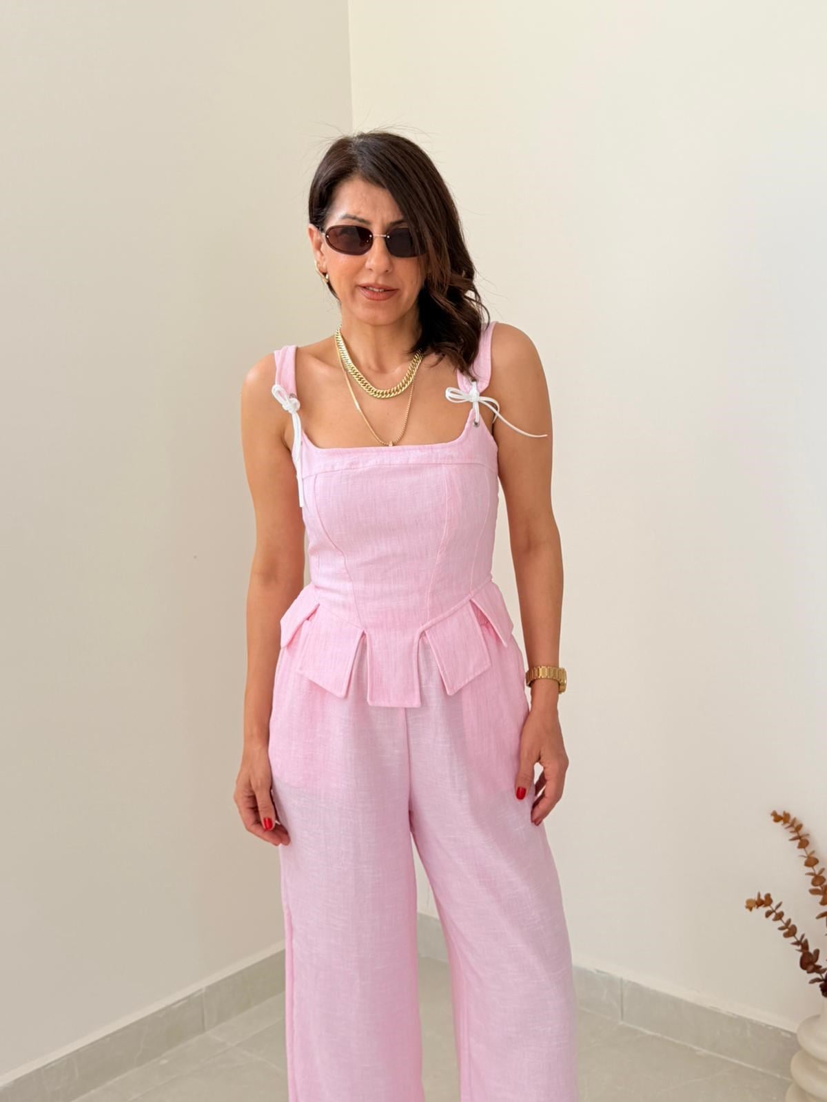 Premium Seri Tasarım Korse Bluz Pantolon Takım Pembe