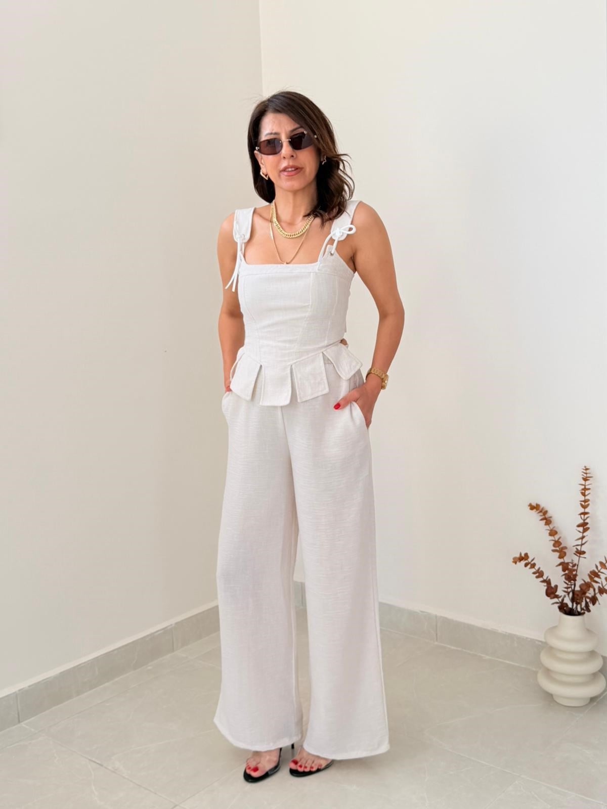 Premium Seri Tasarım Korse Bluz Pantolon Takım Bej