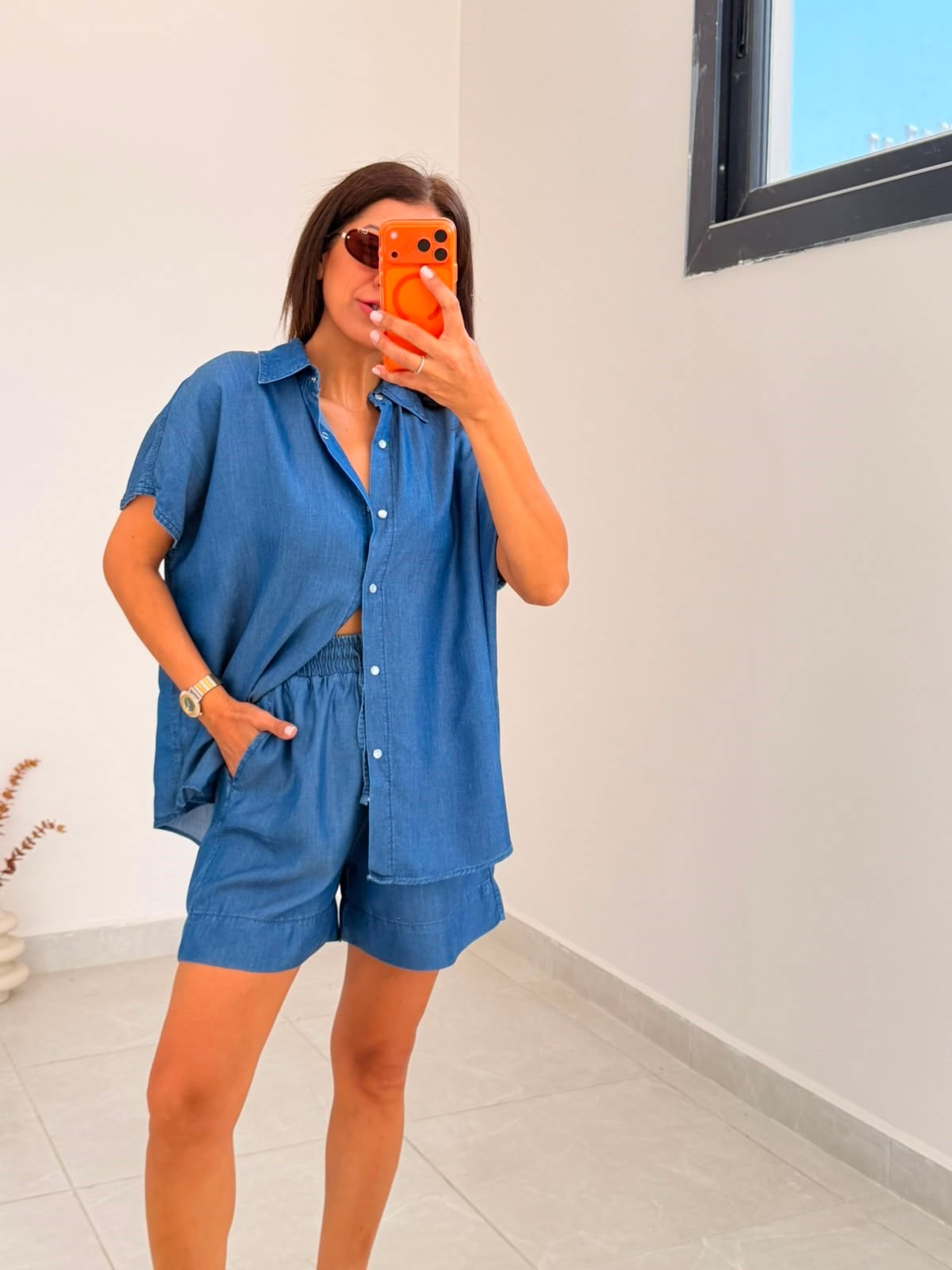 Premium Seri Tensel Jean Şort Gömlek Takım Koyu Mavi