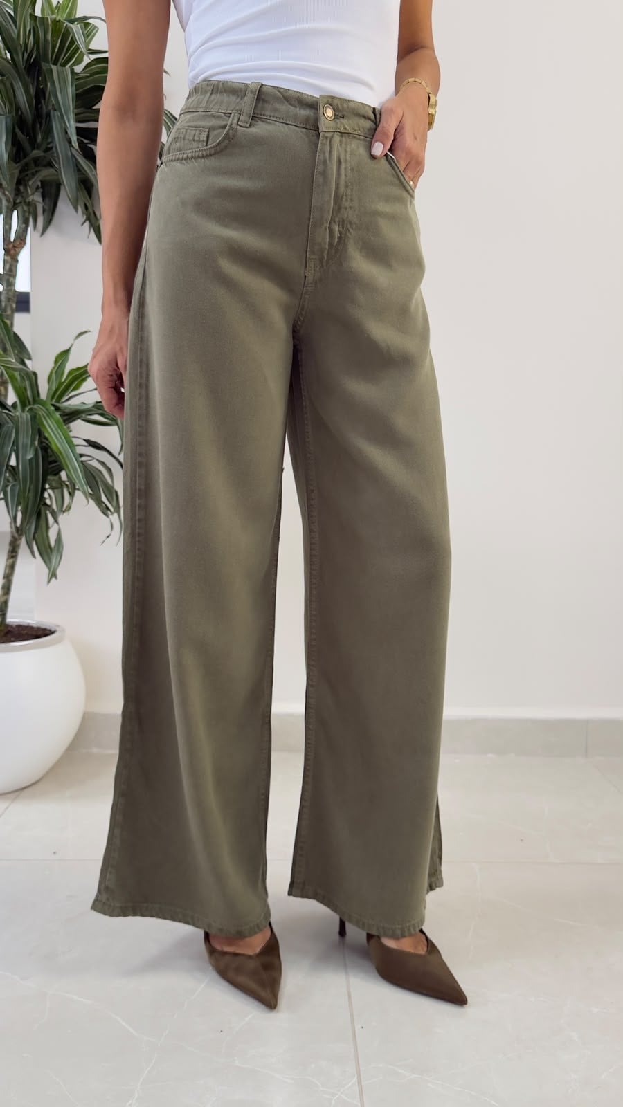 Premium Yumuşak Doku Denim Palazzo Haki