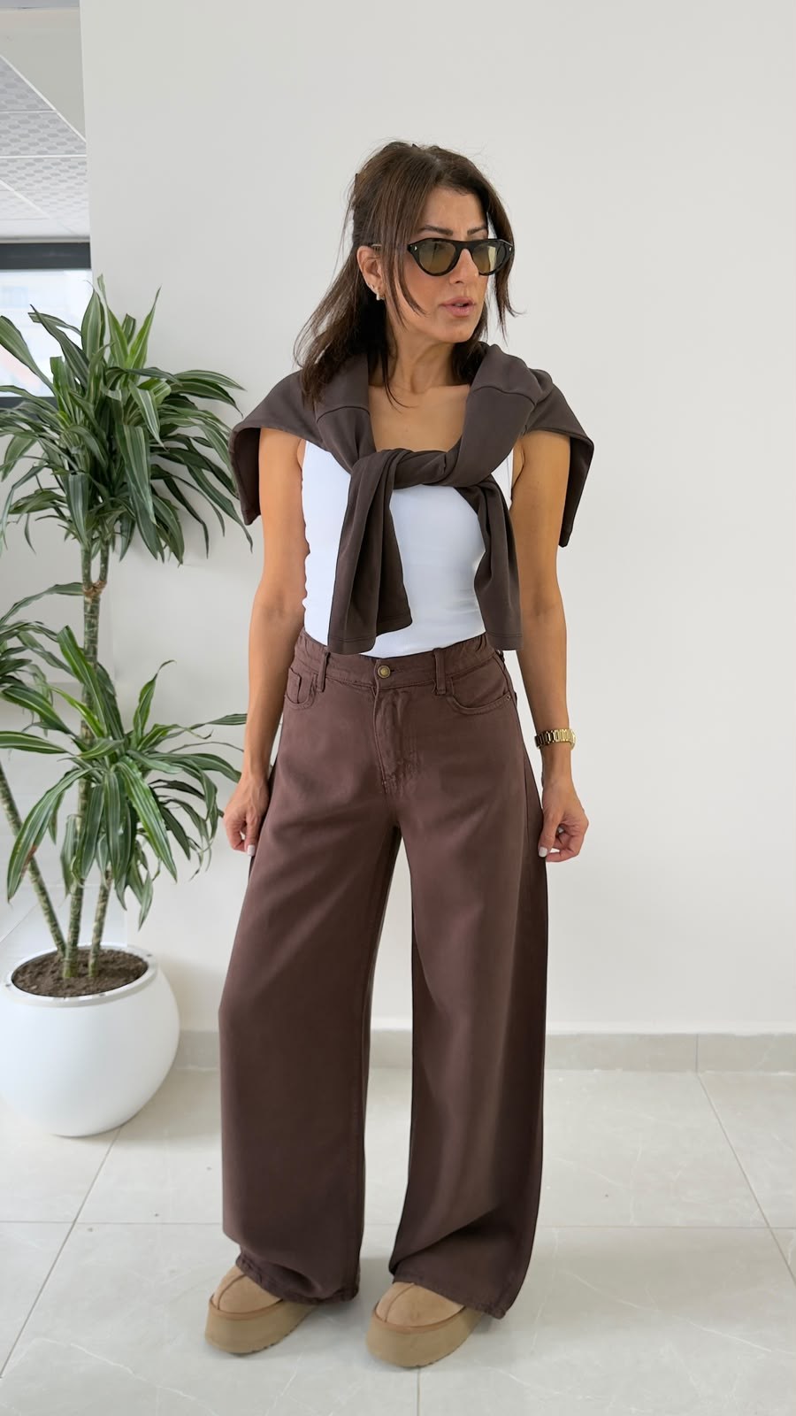 Premium Yumuşak Dokulu Denim Palazzo Acı Kahve