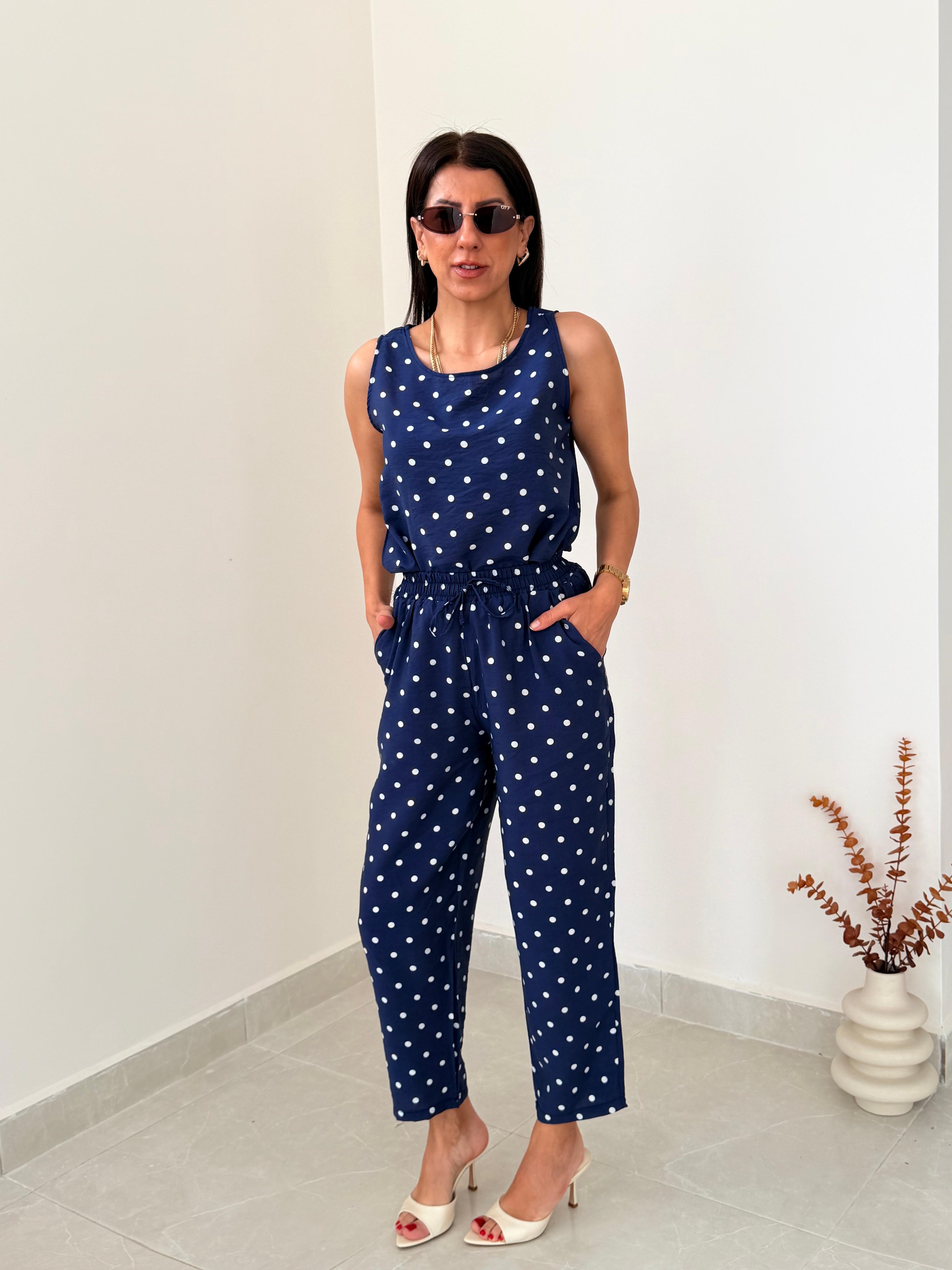 Puantiyeli Pantolon Bluz Tensel Takım Lacivert