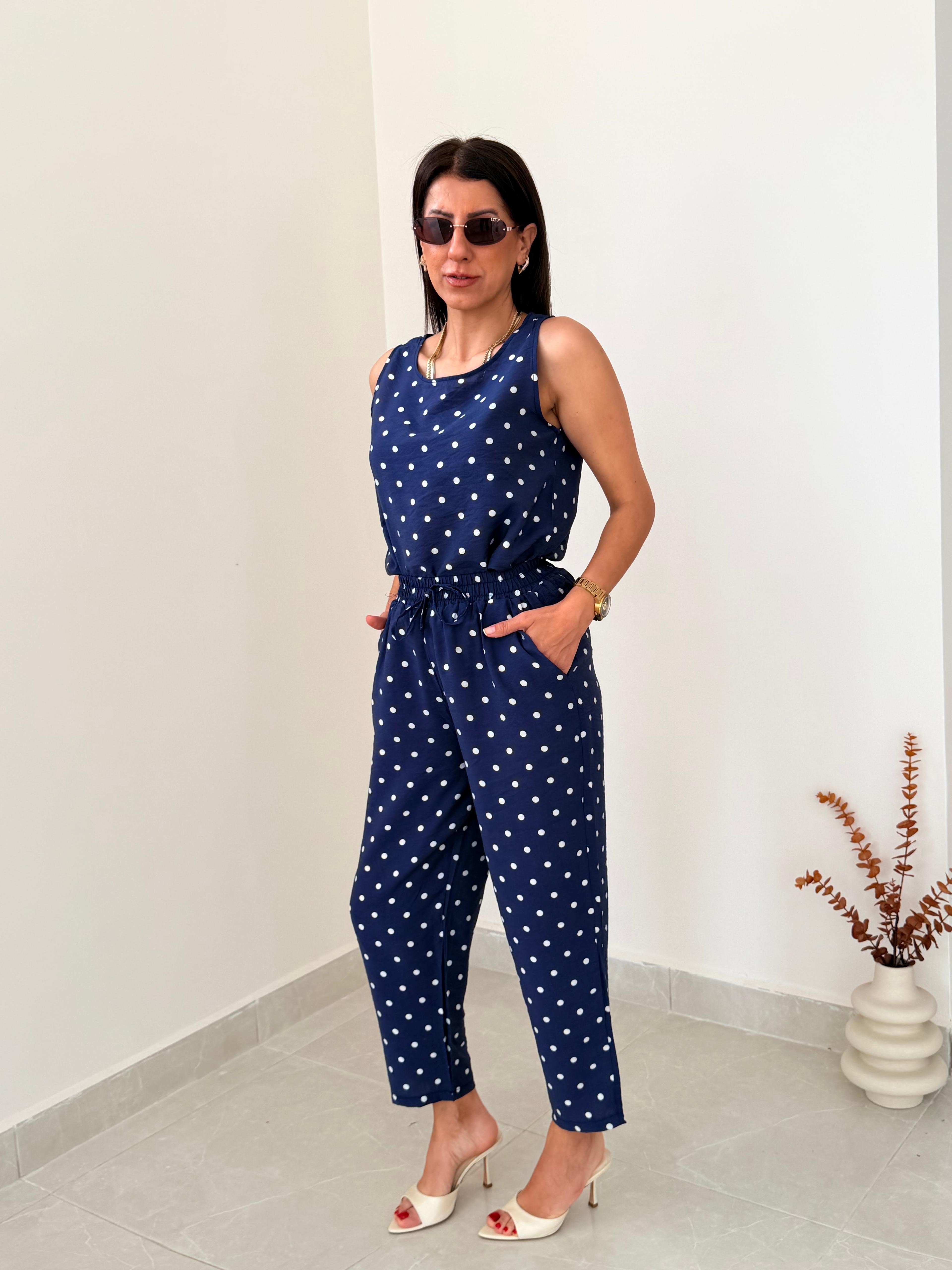 Puantiyeli Pantolon Bluz Tensel Takım Lacivert