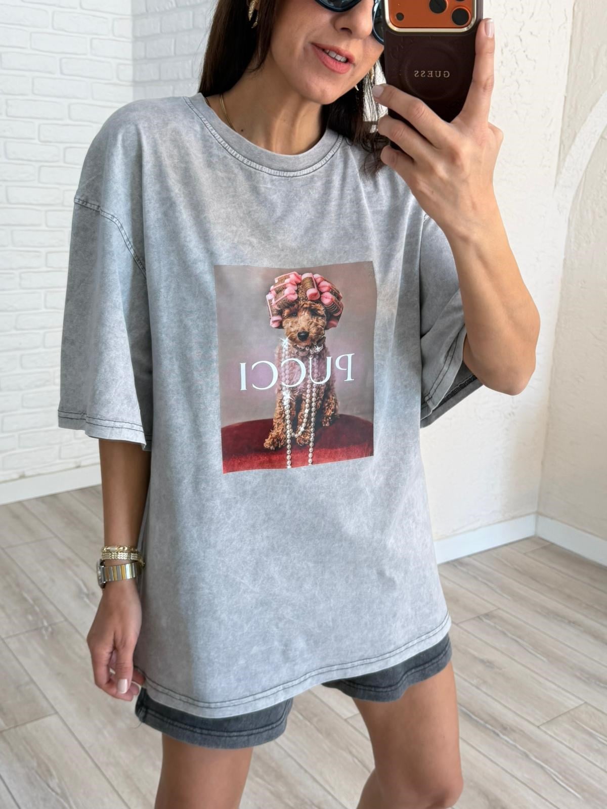 Pucci Baskılı Oversize Tişört Eskitme Gri