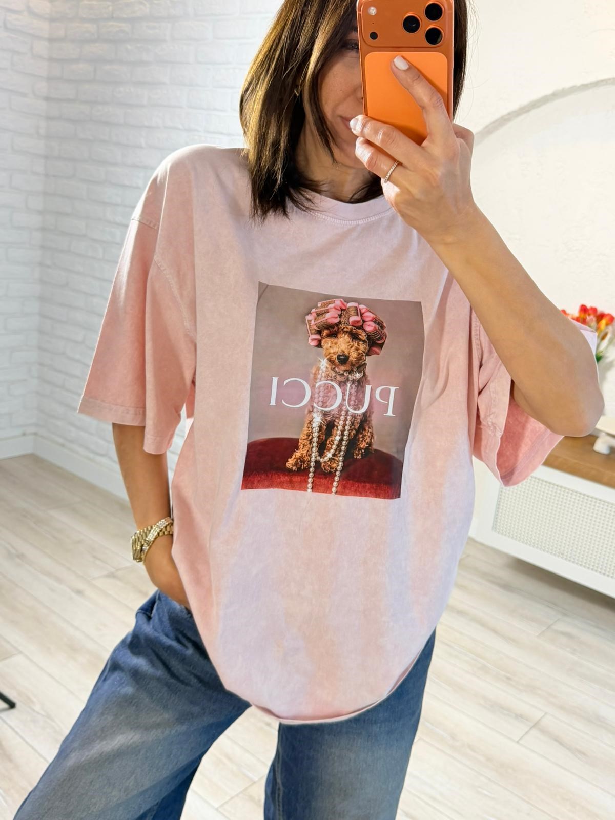 Pucci Baskılı Oversıze Tişört Eskitme Pudra