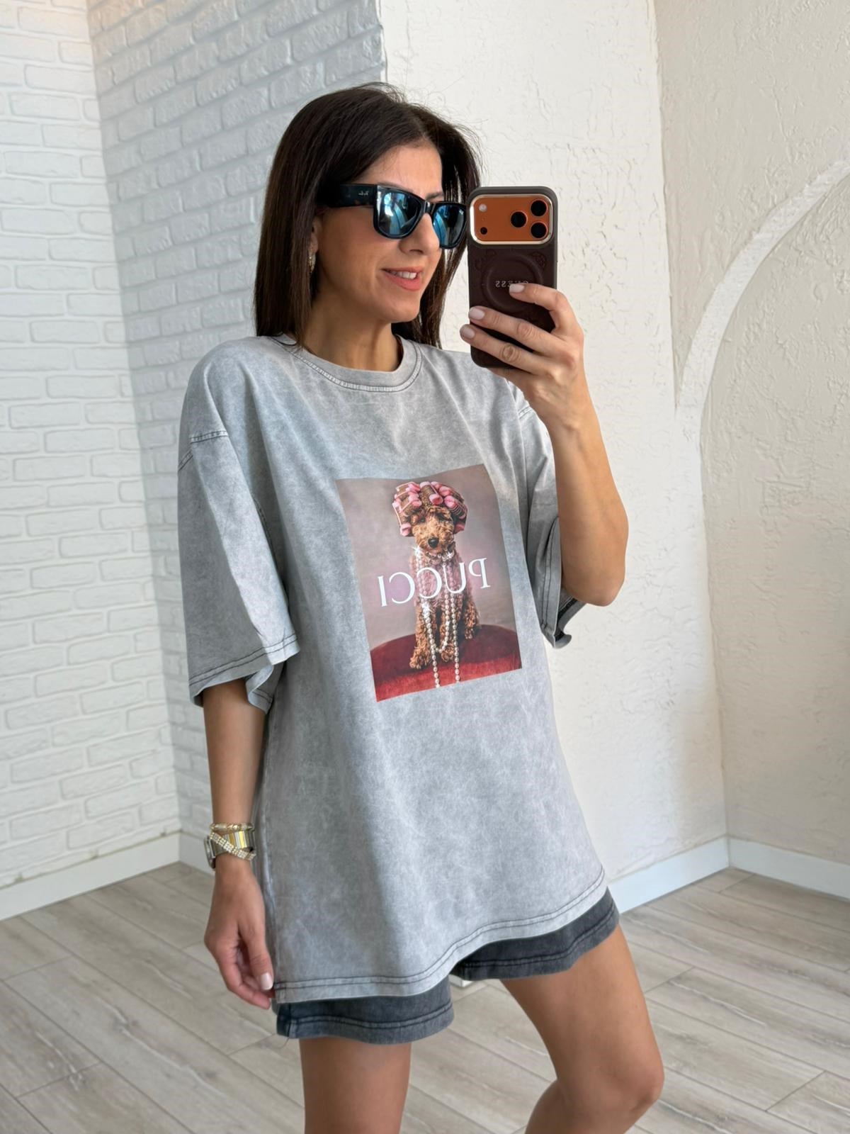 Pucci Baskılı Oversize Tişört Eskitme Gri