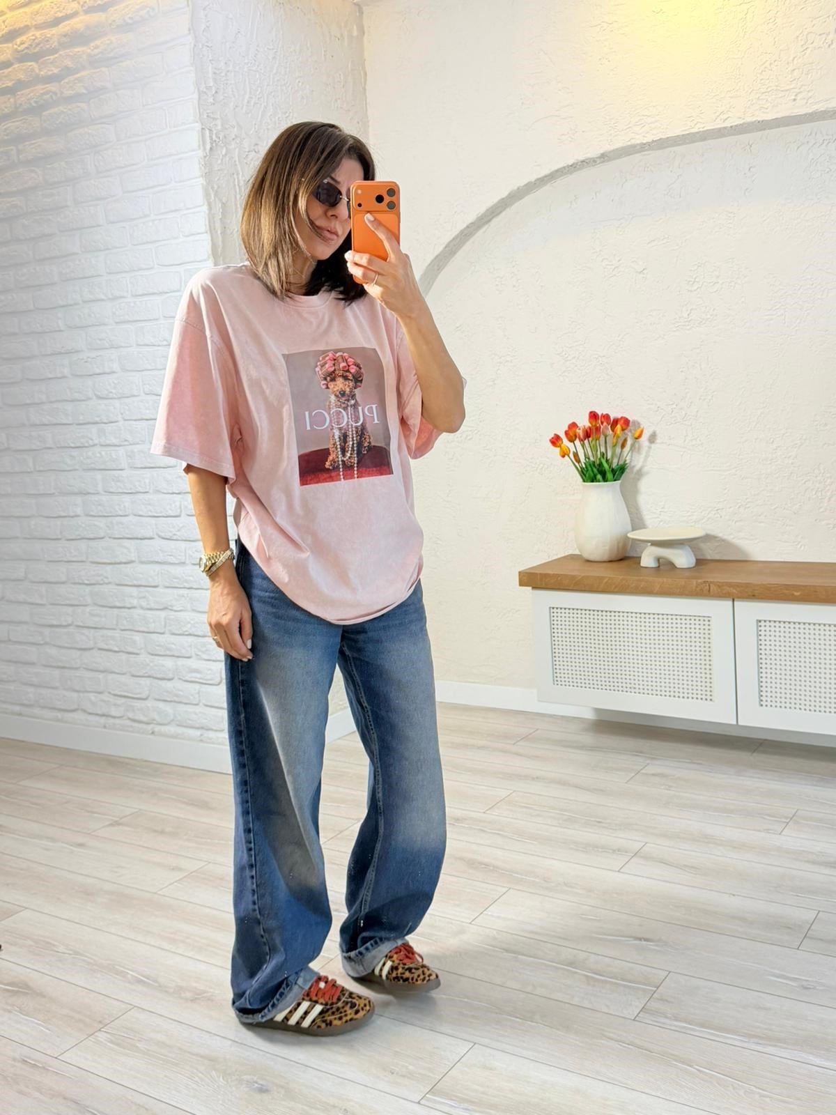 Pucci Baskılı Oversıze Tişört Eskitme Pudra