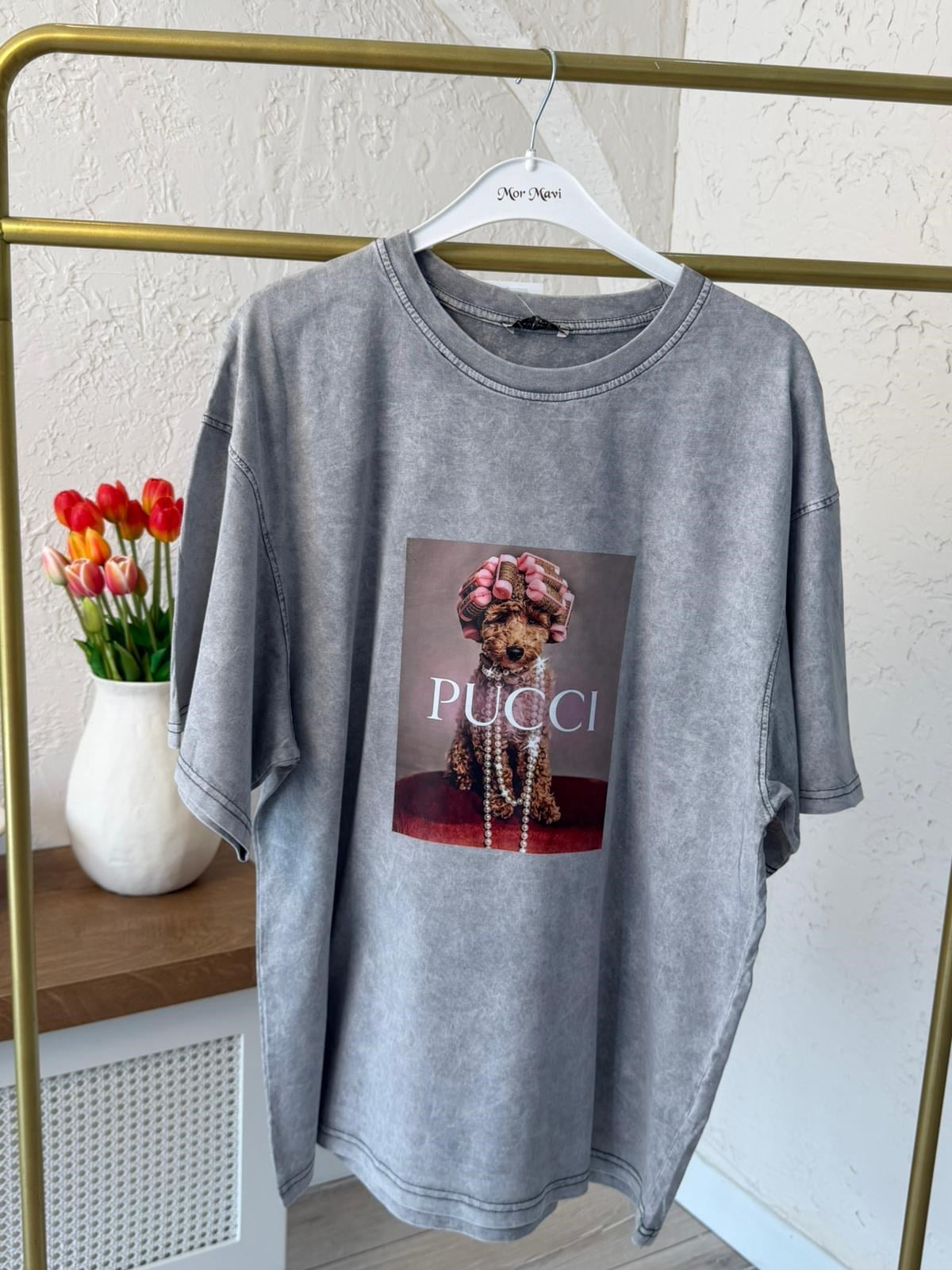 Pucci Baskılı Oversize Tişört Eskitme Gri