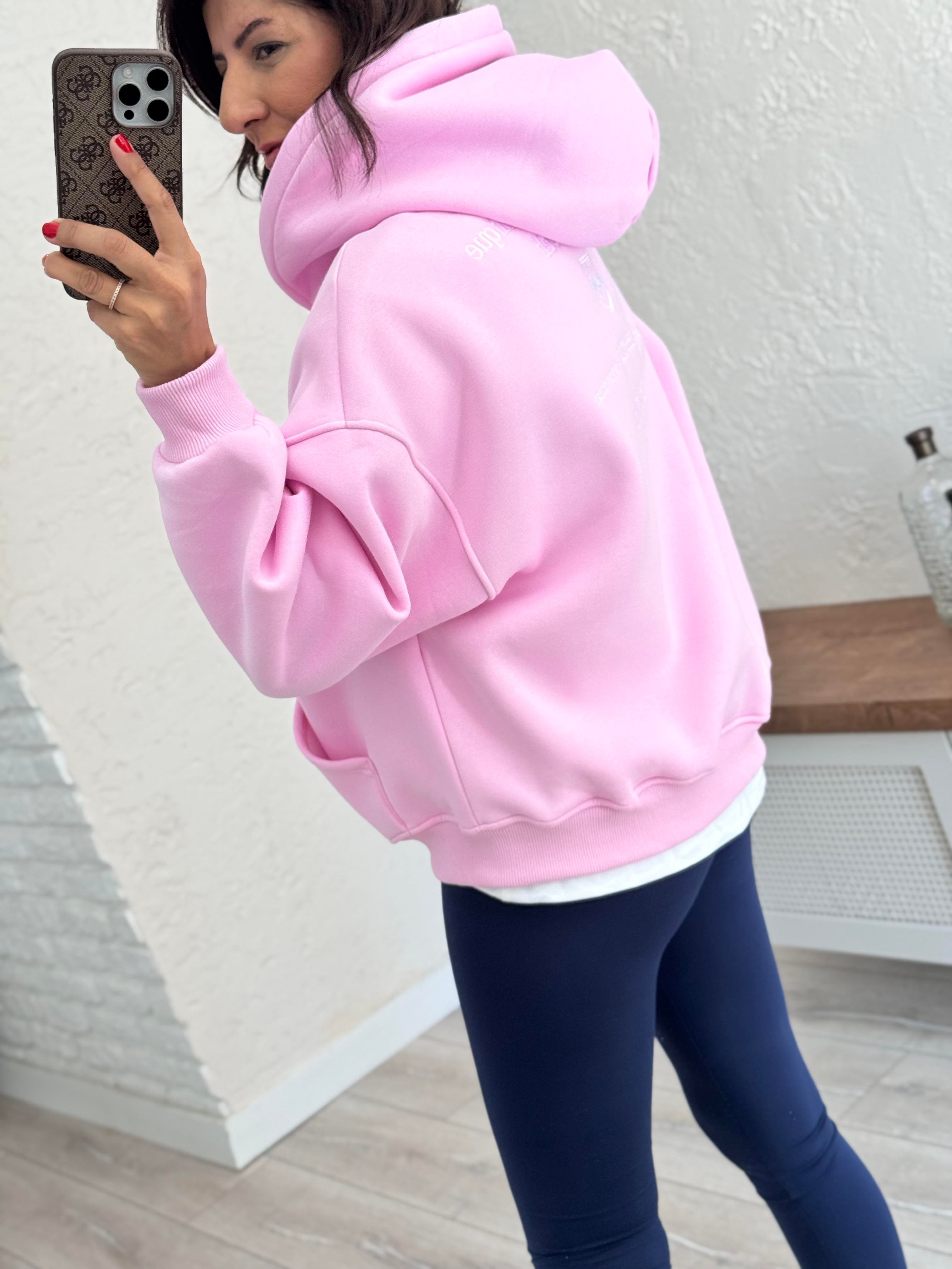 Sırt Nakışlı Kapüşonlu Sweat Pembe
