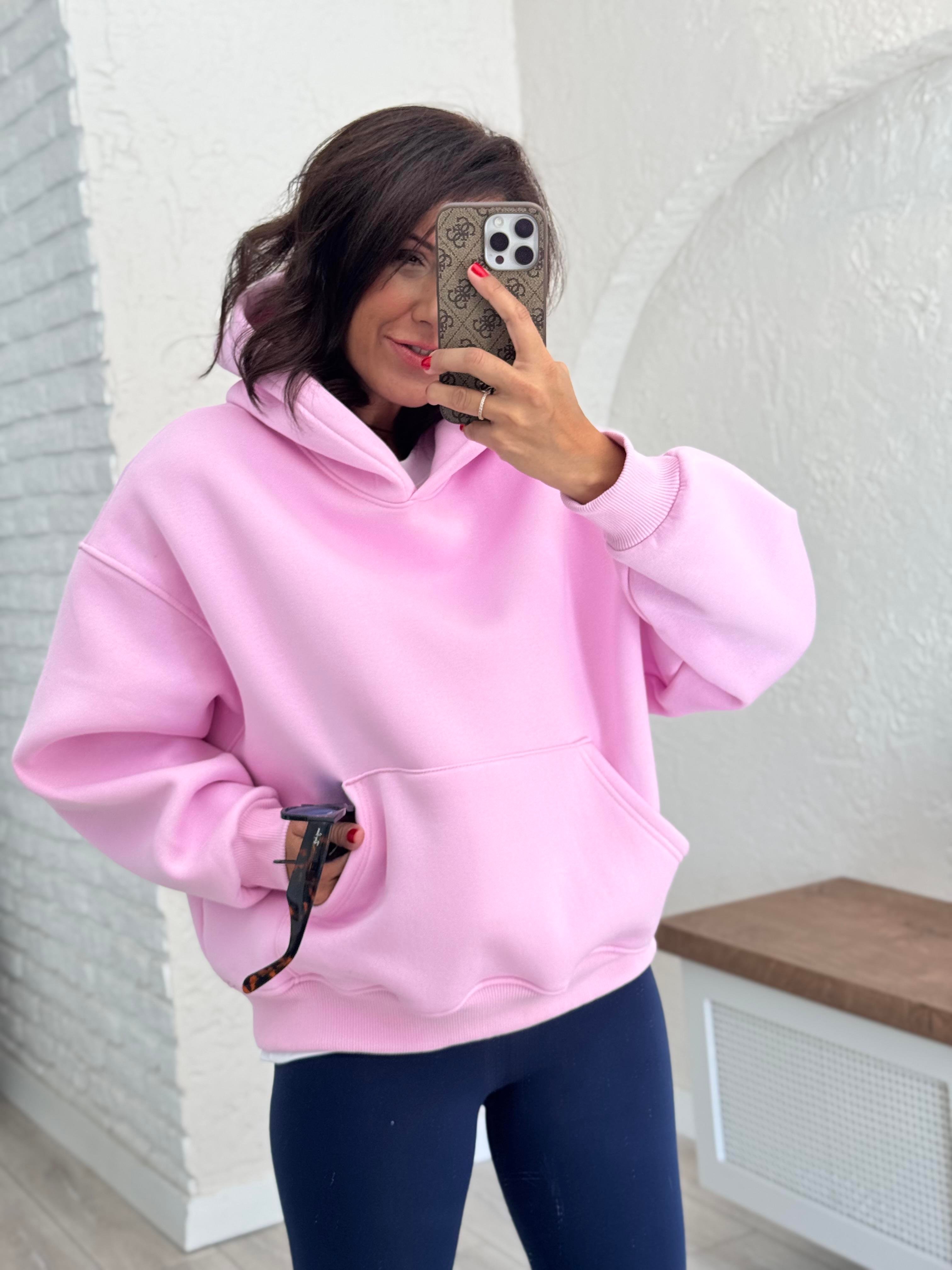 Sırt Nakışlı Kapüşonlu Sweat Pembe