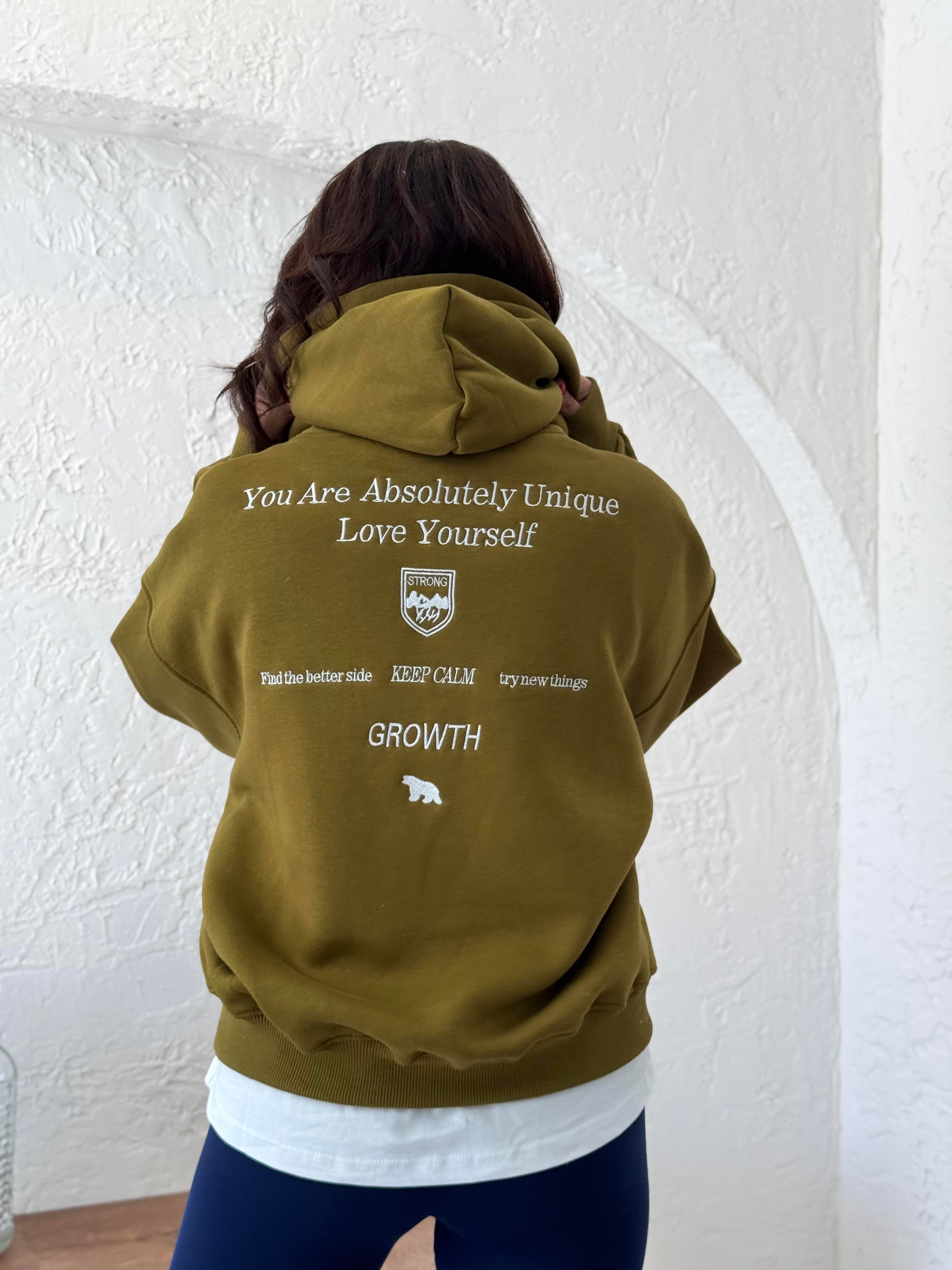 Sırt Nakışlı kapüşonlu Sweat Yağ Yeşili