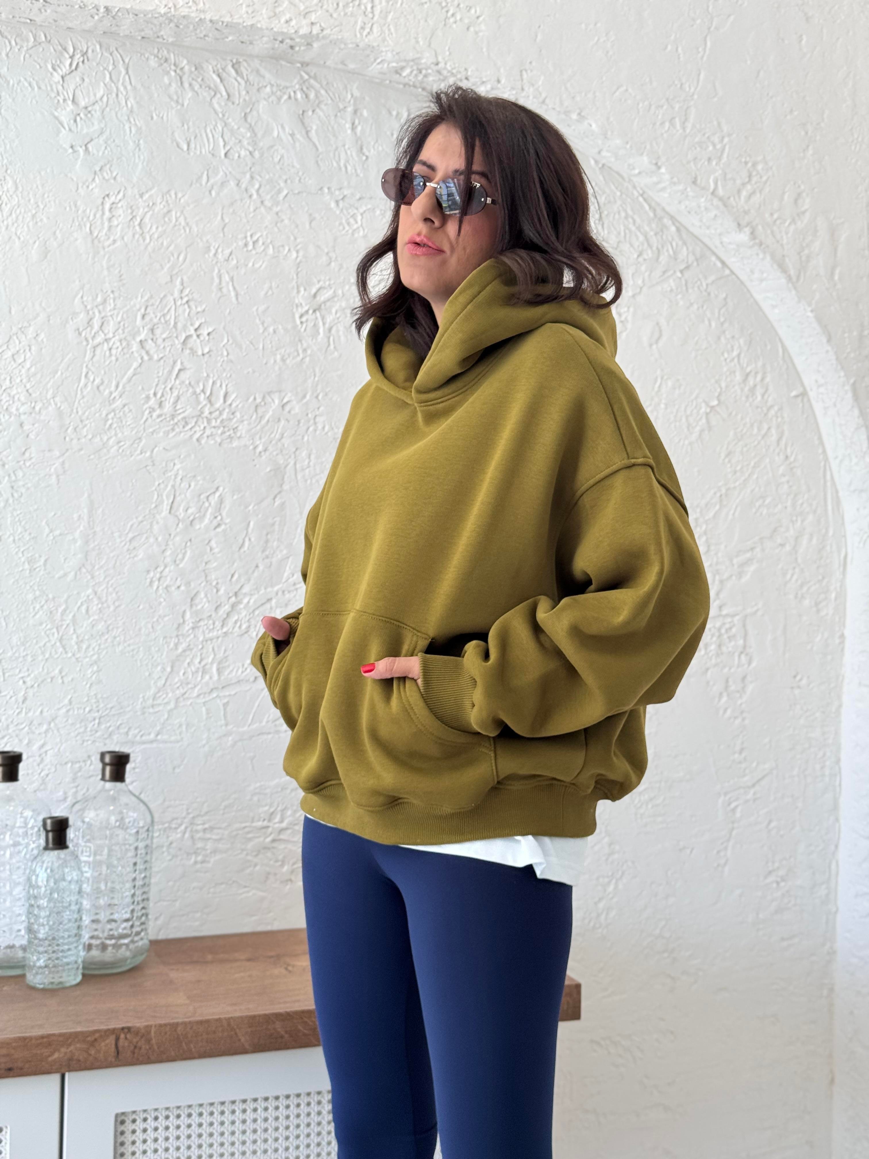 Sırt Nakışlı kapüşonlu Sweat Yağ Yeşili
