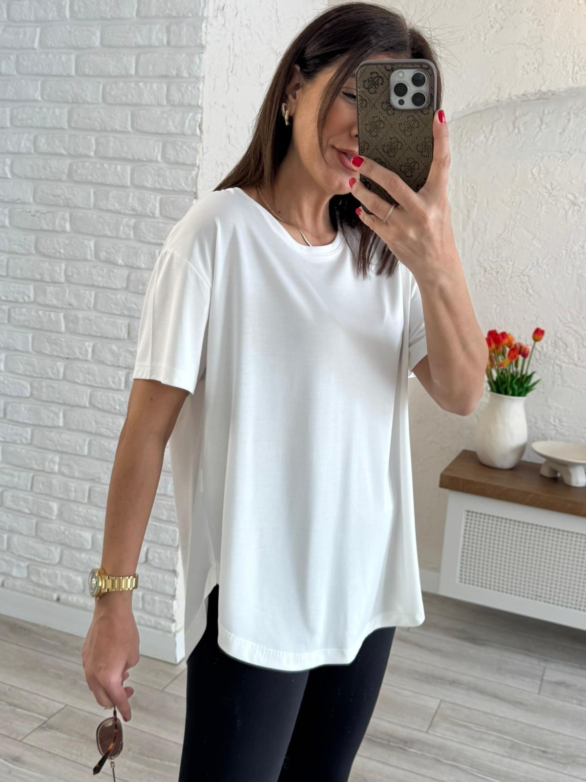 Sırt Pile Detaylı Basic Tişört  Ekru 