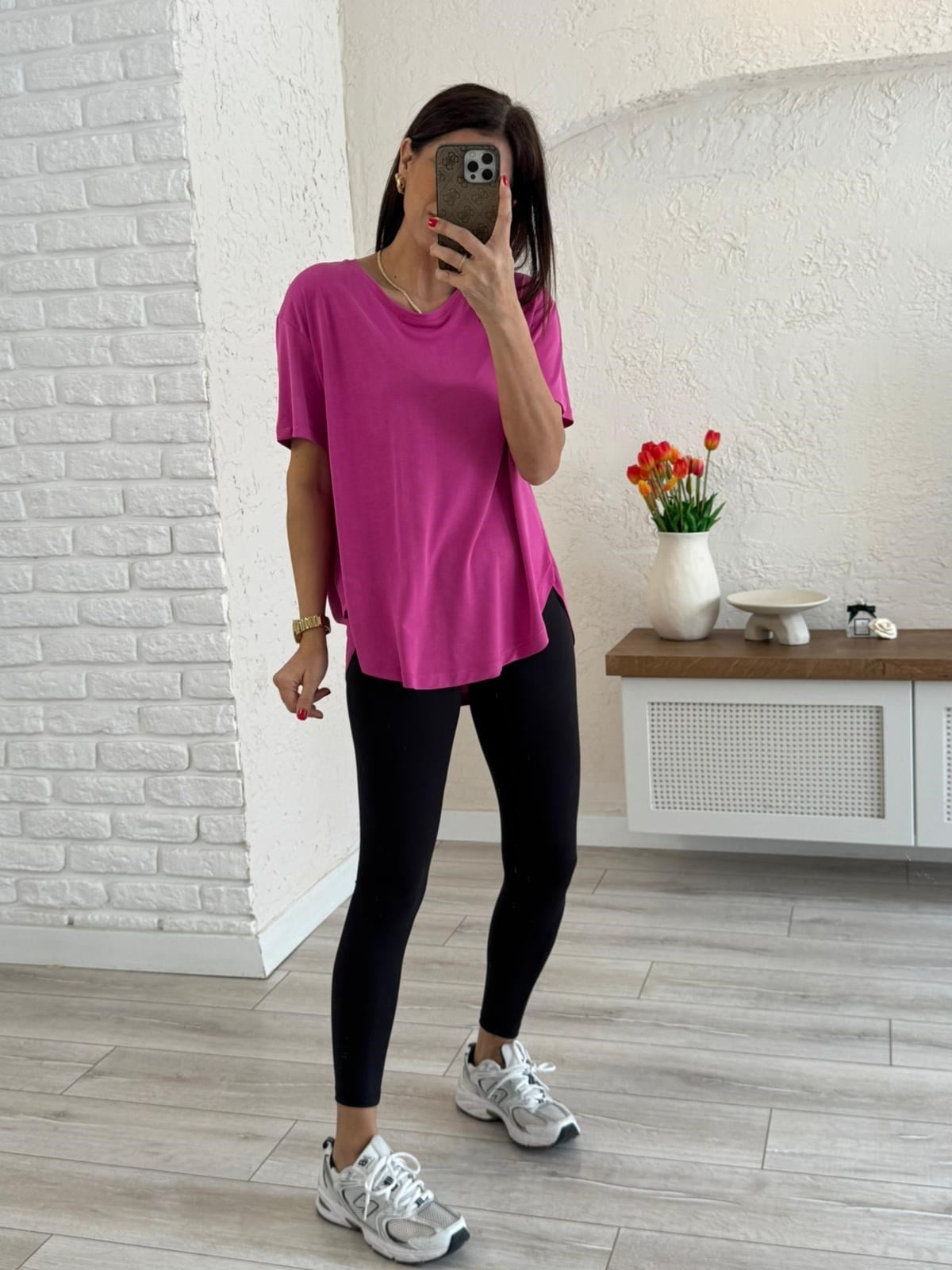 Sırt Pile Detaylı Basic Tişört Fuşya