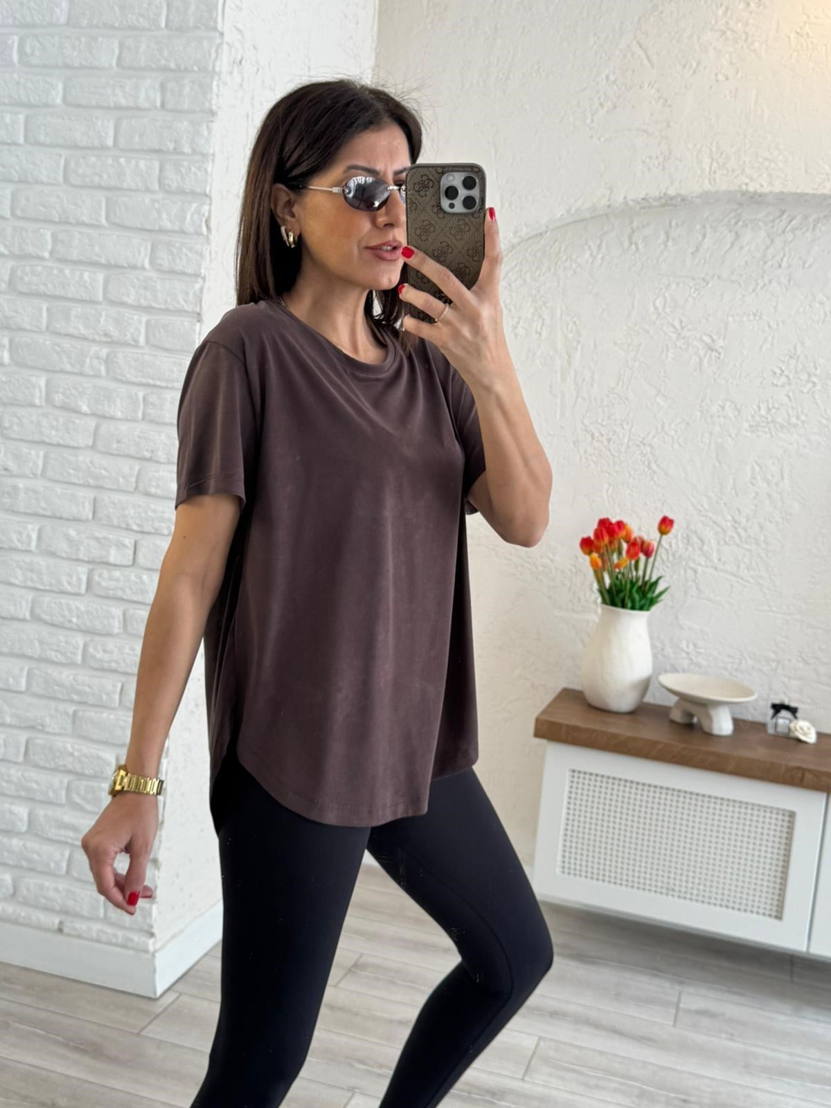 Sırt Pile Detaylı Basic Tişört  Kahve