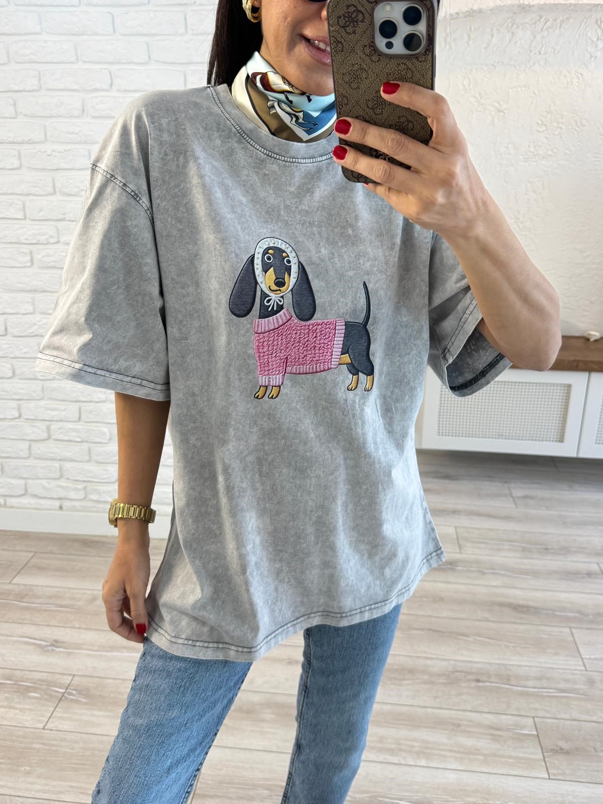Sosis Köpek Baskılı Oversize Tişört Gri