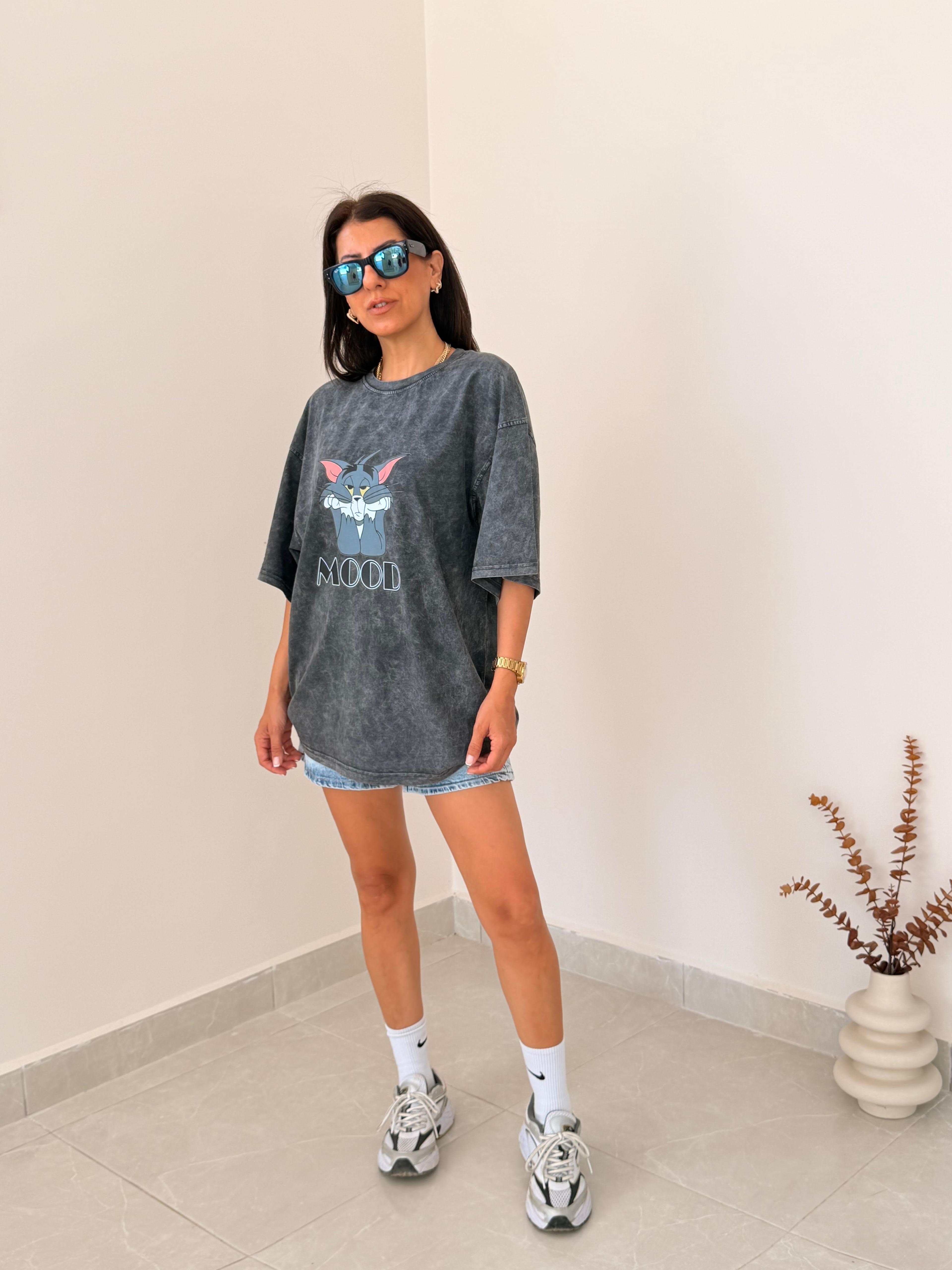 Tom Mood Baskılı Oversize Tişört Eskitme Antrasit