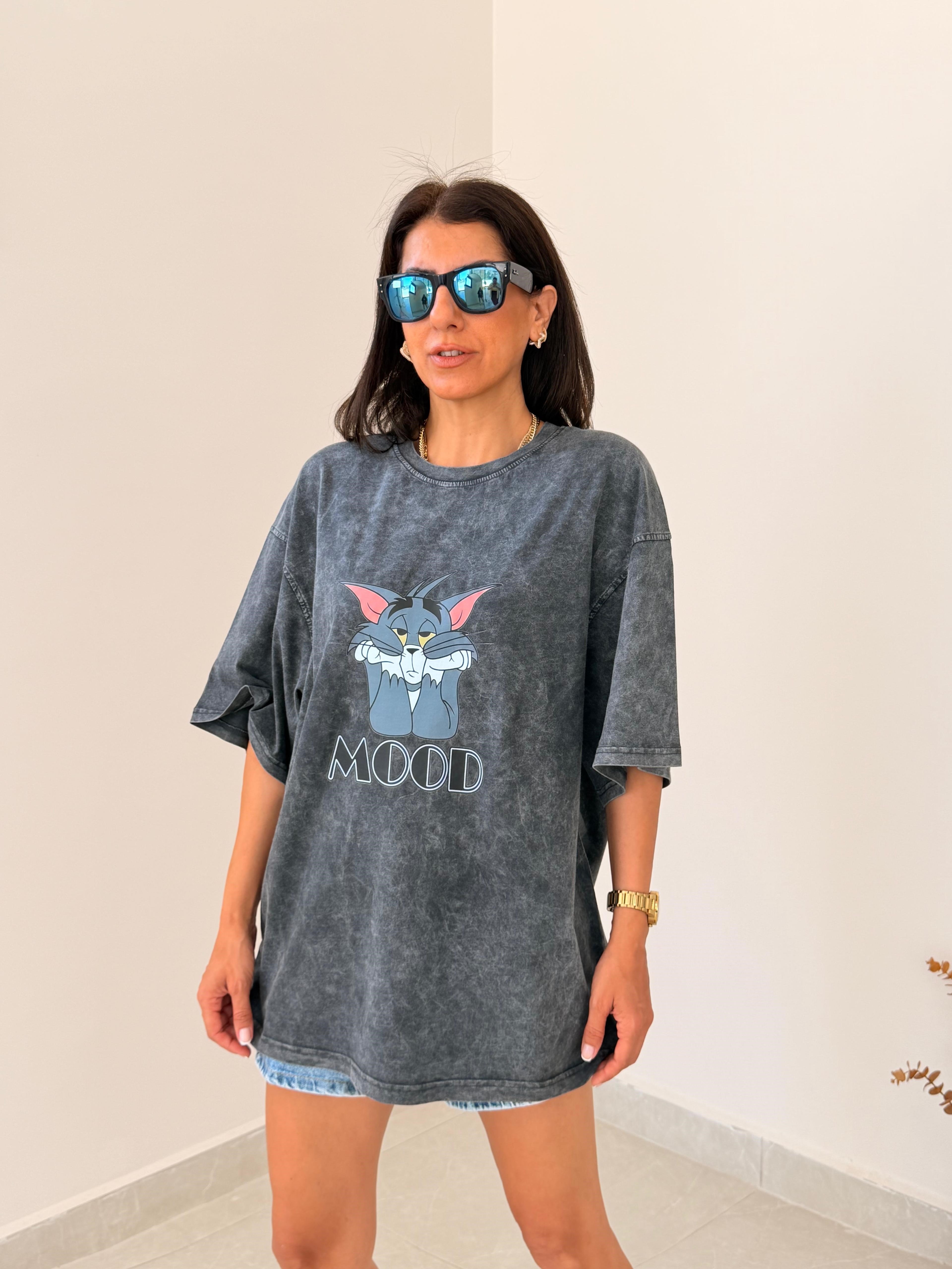 Tom Mood Baskılı Oversize Tişört Eskitme Antrasit