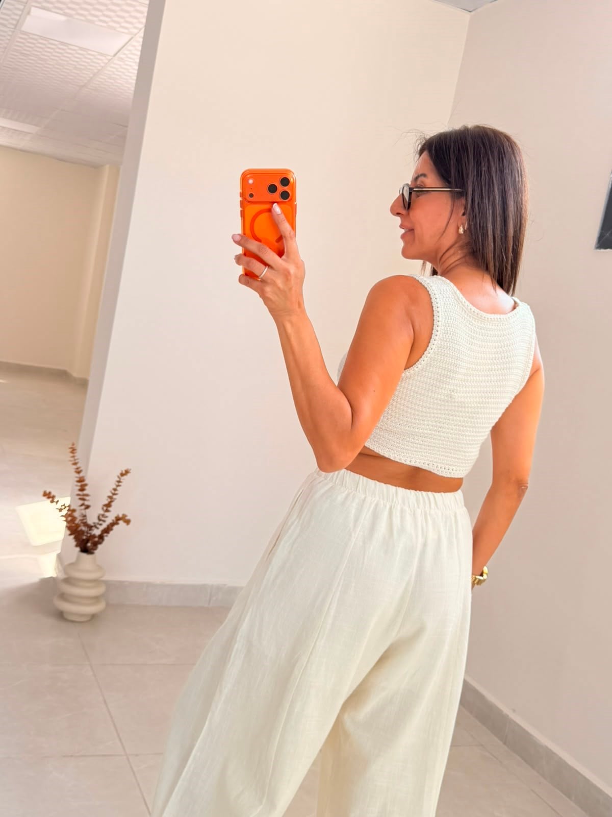 Triko Kroşe Crop Top Ham Ekru