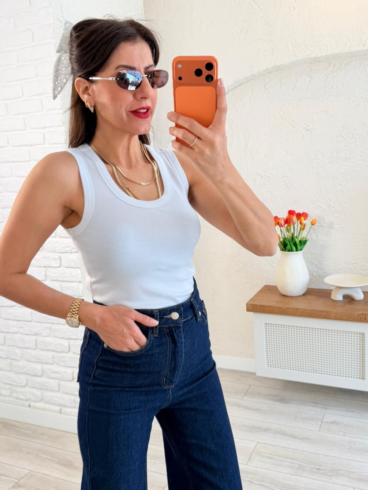 U Yaka Düz Basic Kalın Askılı Atlet  Beyaz