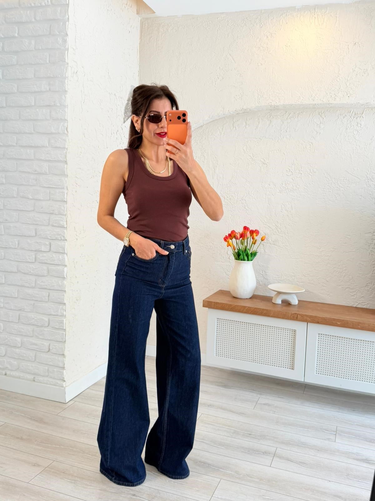 U Yaka Düz Basic Kalın Askılı Atlet  Kahve