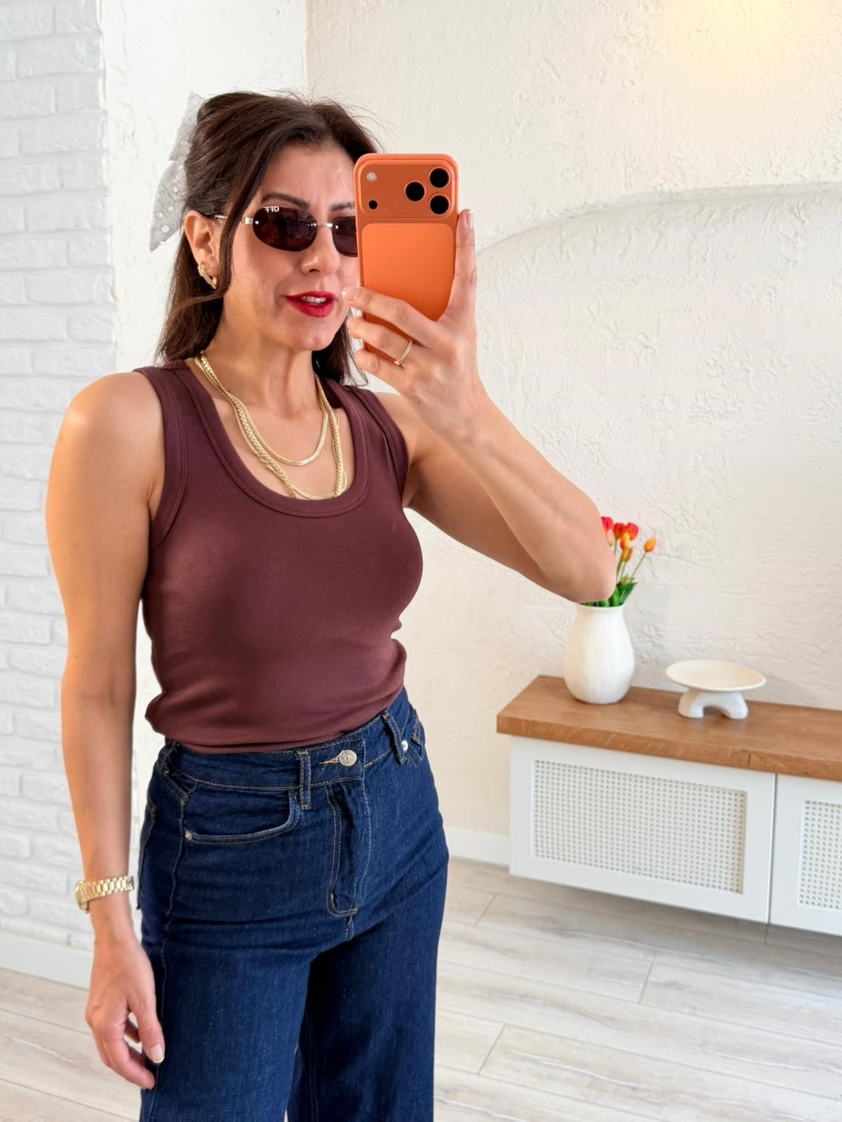 U Yaka Düz Basic Kalın Askılı Atlet  Kahve