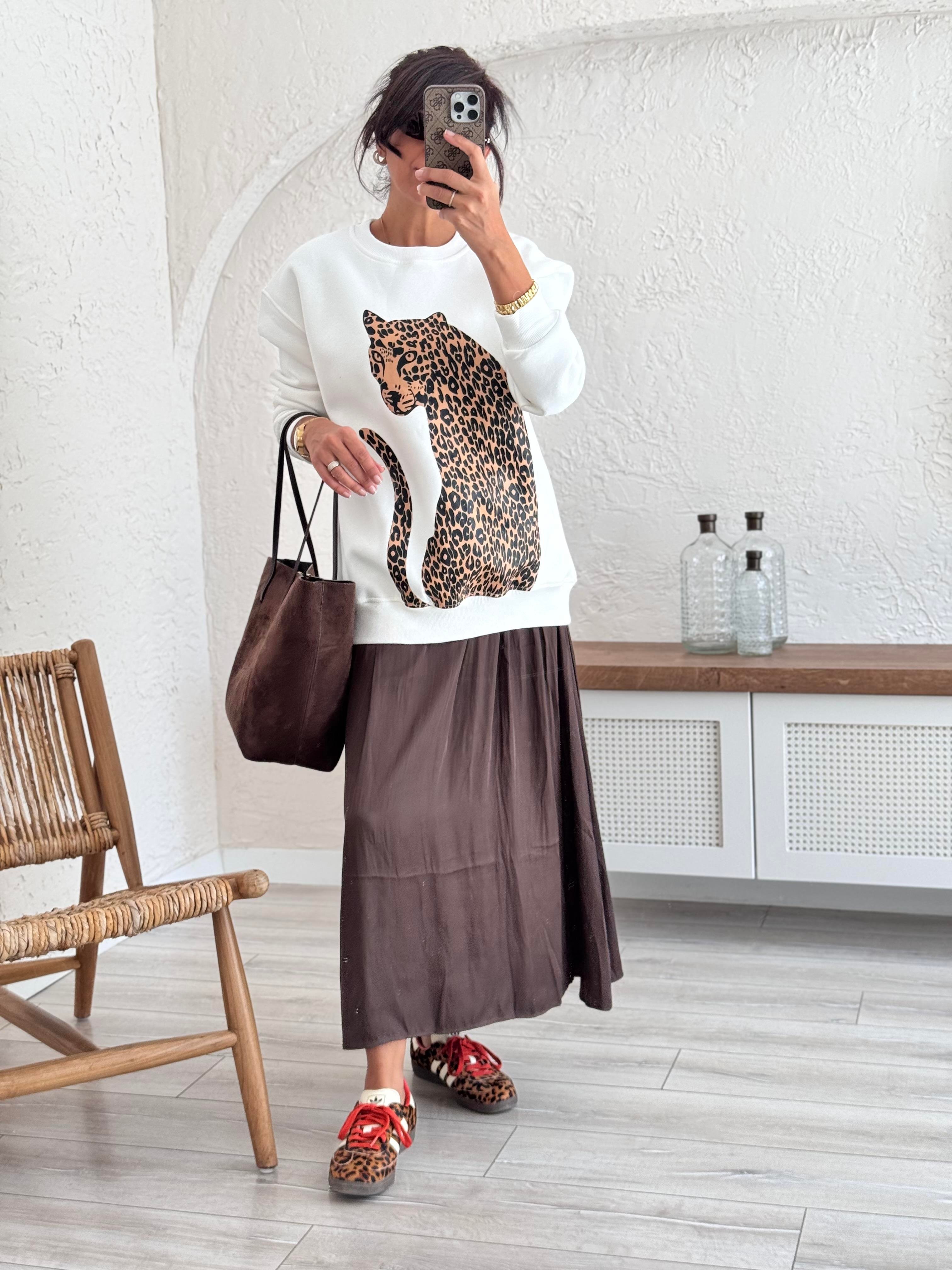Üç İplik İri Leopar Baskılı Sweat Ekru