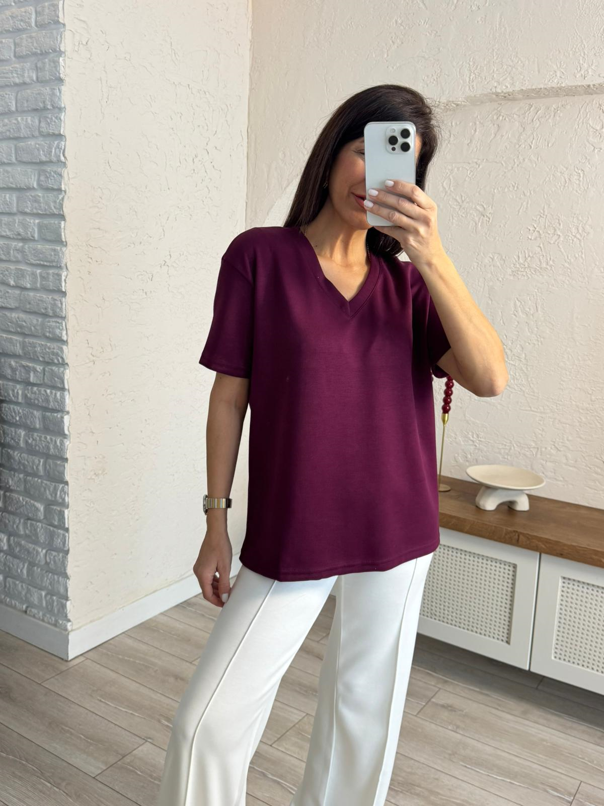 V Yaka Modal Kumaş Tişört Bordo
