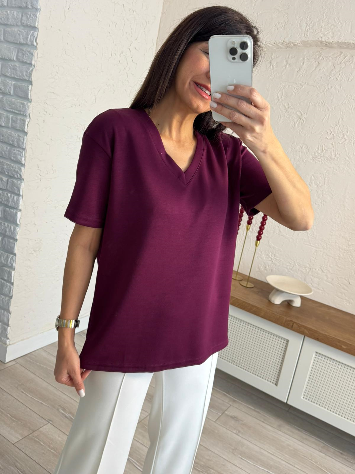 V Yaka Modal Kumaş Tişört Bordo