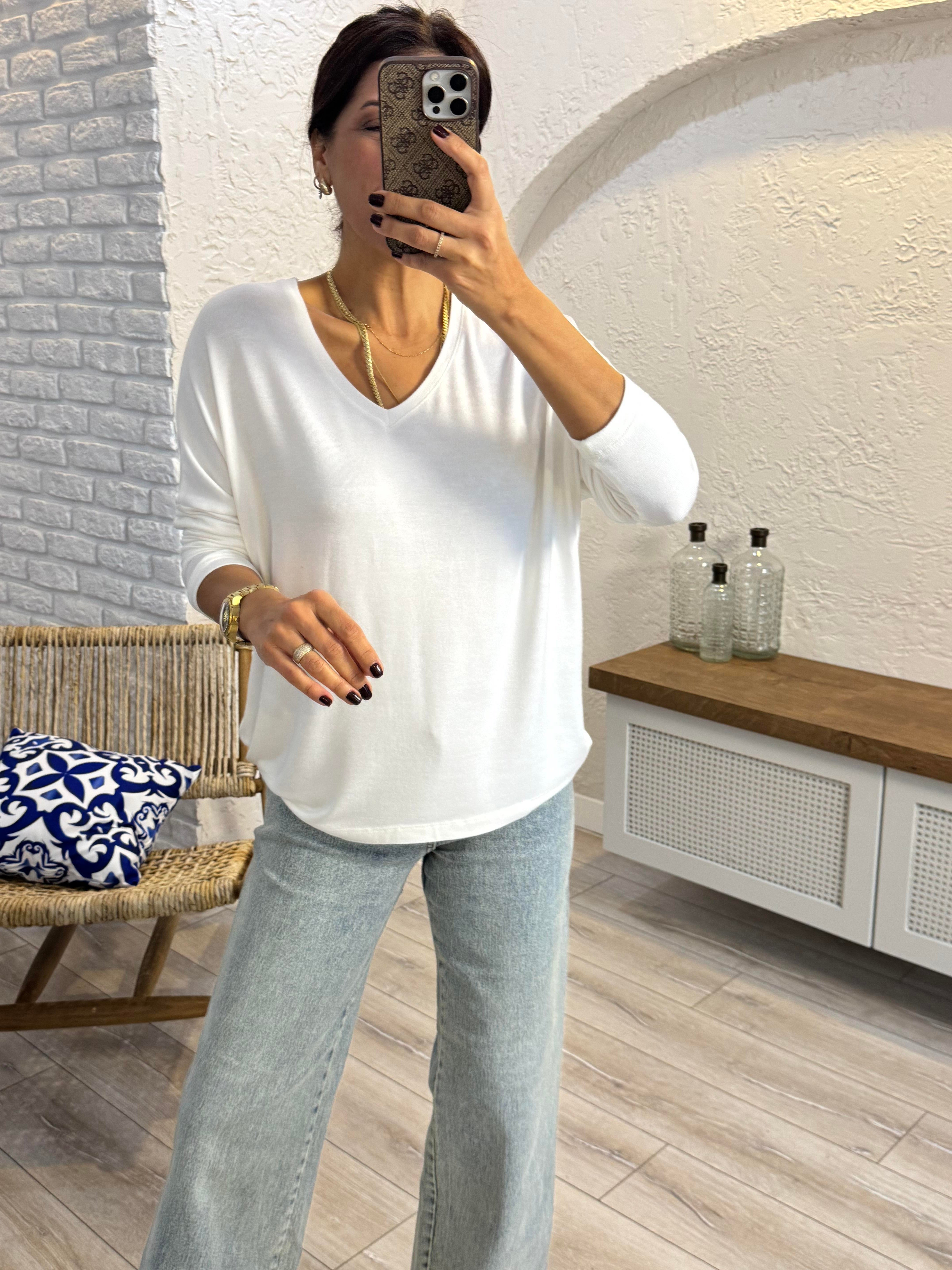 V Yaka Yumuşak Doku İnce Triko Ekru
