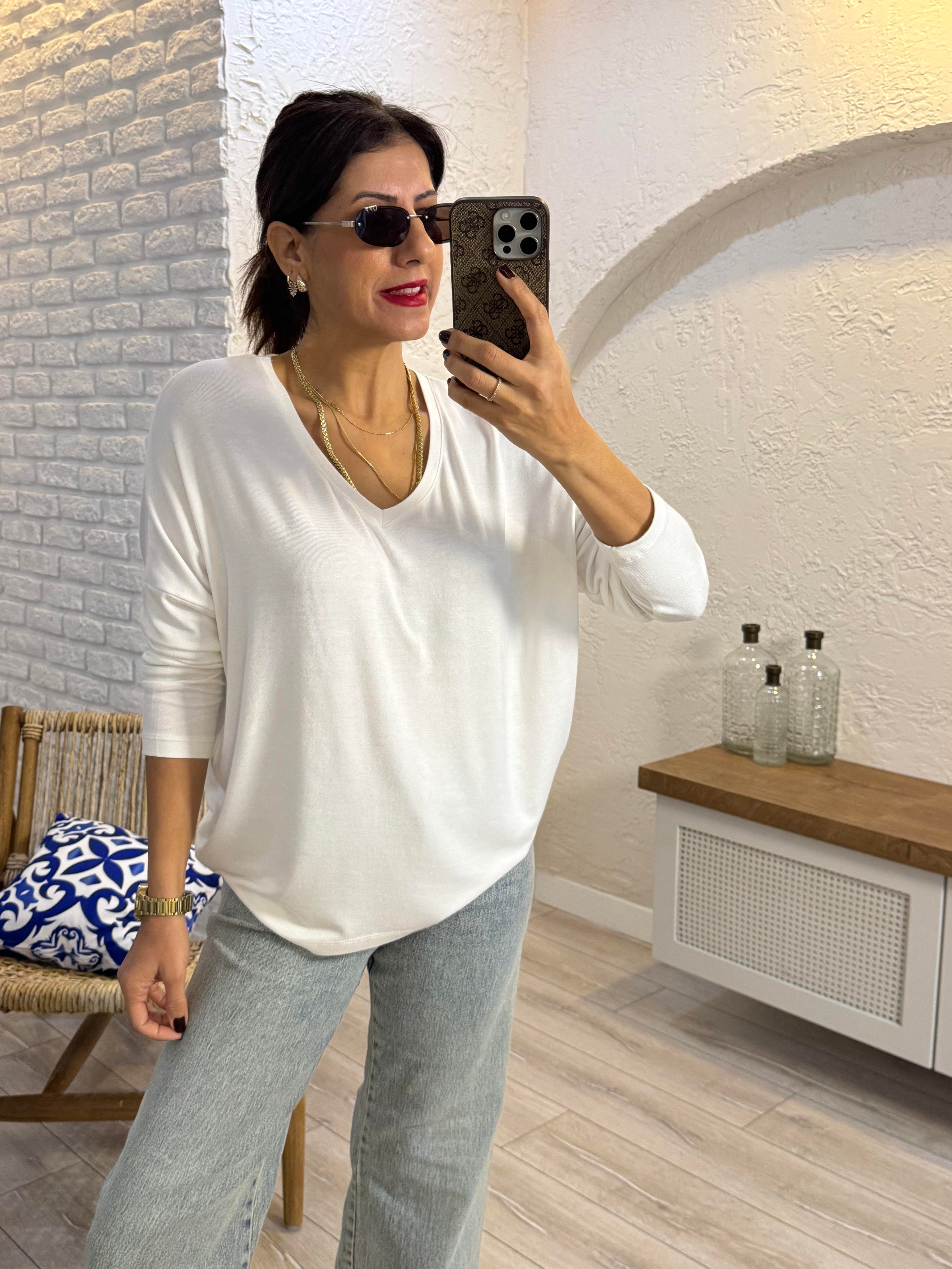 V Yaka Yumuşak Doku İnce Triko Ekru