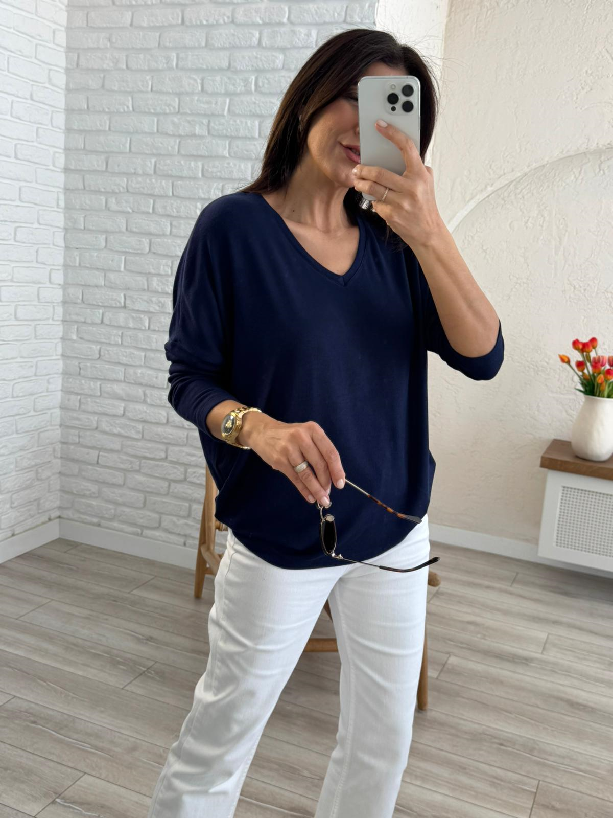 V Yaka Yumuşak Doku İnce Triko Lacivert